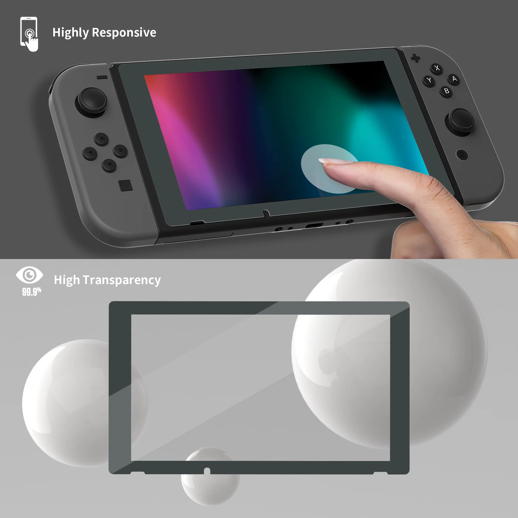 eXtremeRate 2 Pack Transparent HD Clear Tempered Glass Screen Protector for Nintendo Switch - Gray Border - Image 5