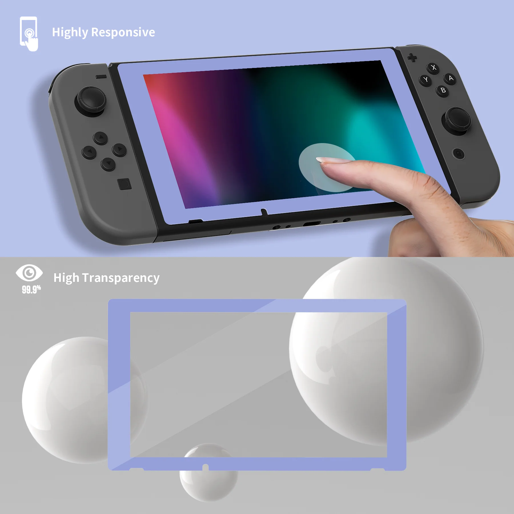 eXtremeRate 2 Pack Transparent HD Clear Tempered Glass Screen Protector for Nintendo Switch - Light Violet Border - Image 5