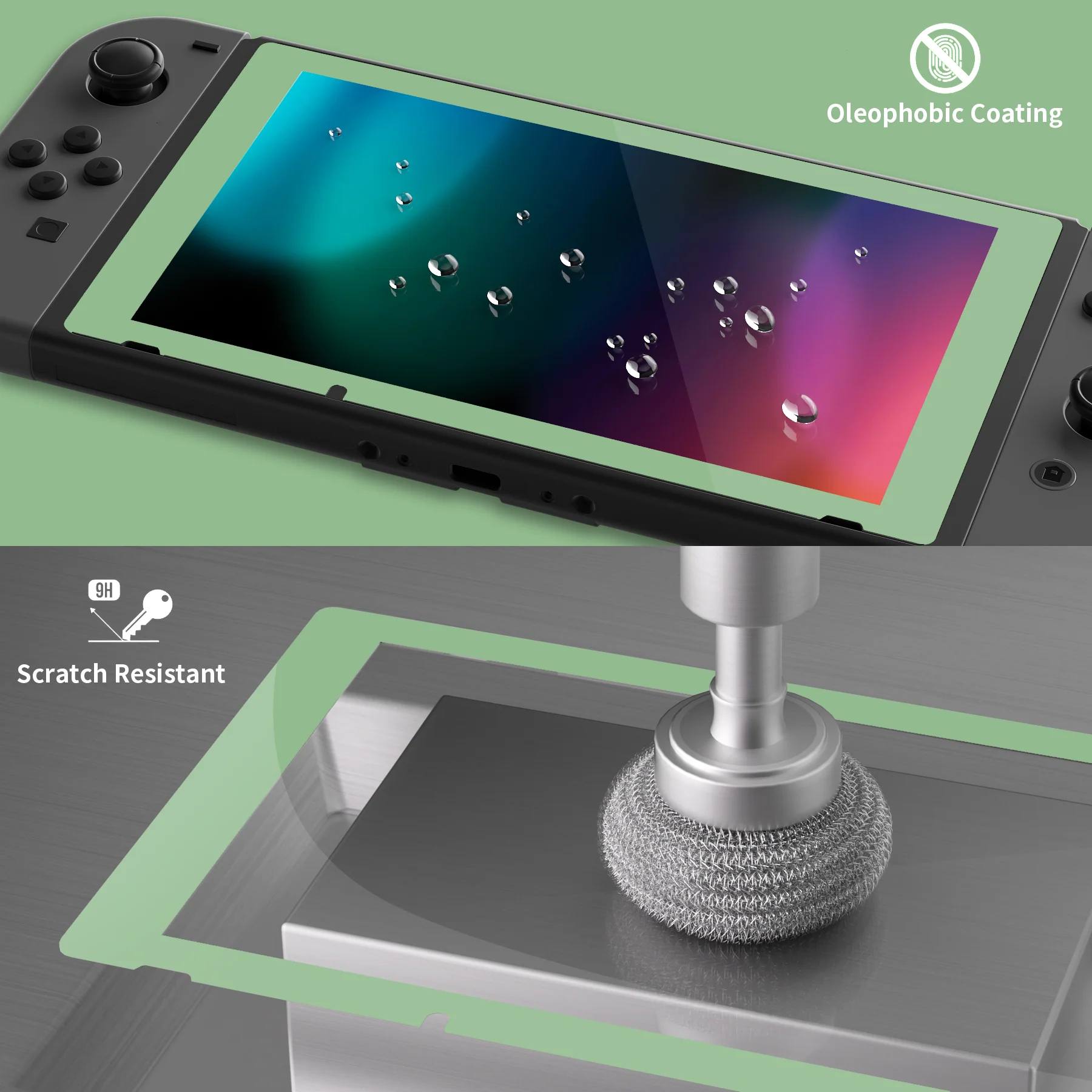 eXtremeRate 2 Pack Transparent HD Clear Tempered Glass Screen Protector for Nintendo Switch - Matcha Green Border - Image 4