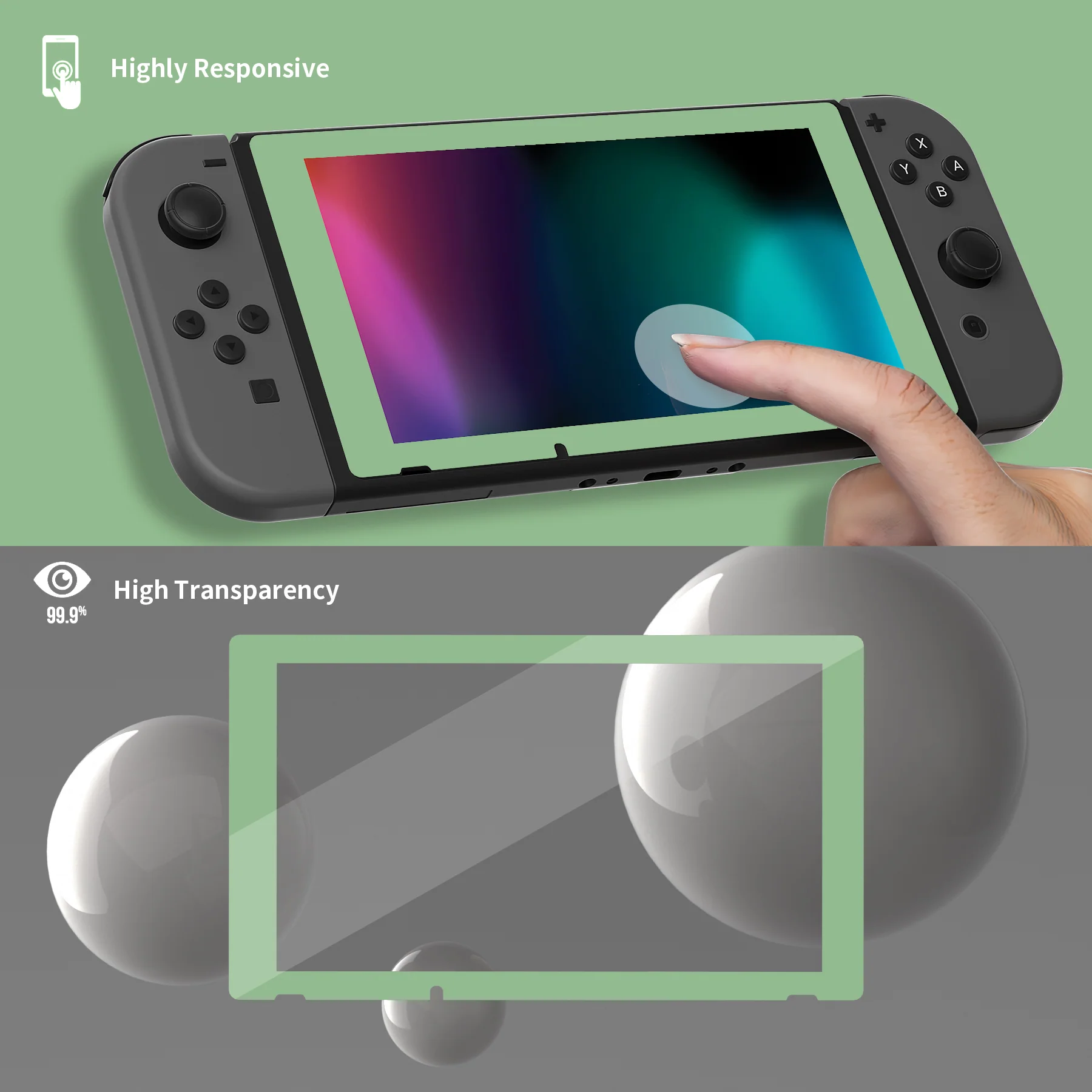 eXtremeRate 2 Pack Transparent HD Clear Tempered Glass Screen Protector for Nintendo Switch - Matcha Green Border - Image 5