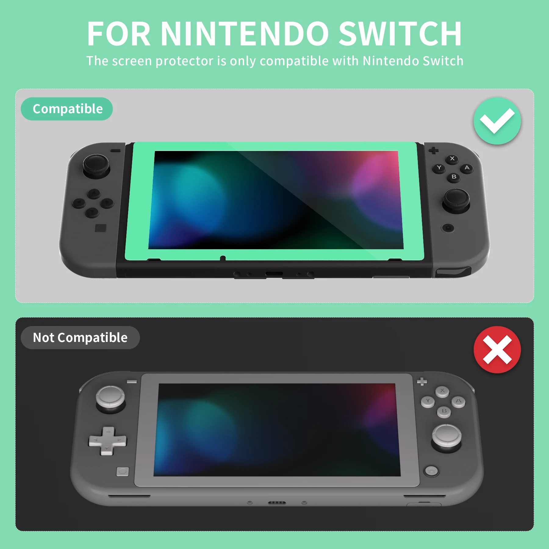 eXtremeRate 2 Pack Transparent HD Clear Tempered Glass Screen Protector for Nintendo Switch - Mint Green Border - Image 3