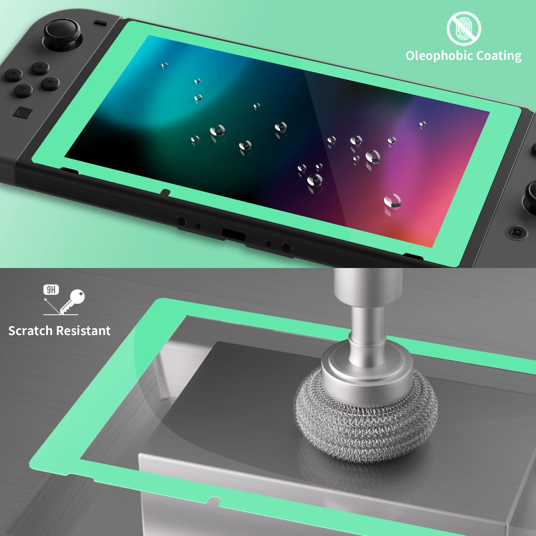 eXtremeRate 2 Pack Transparent HD Clear Tempered Glass Screen Protector for Nintendo Switch - Mint Green Border - Image 4