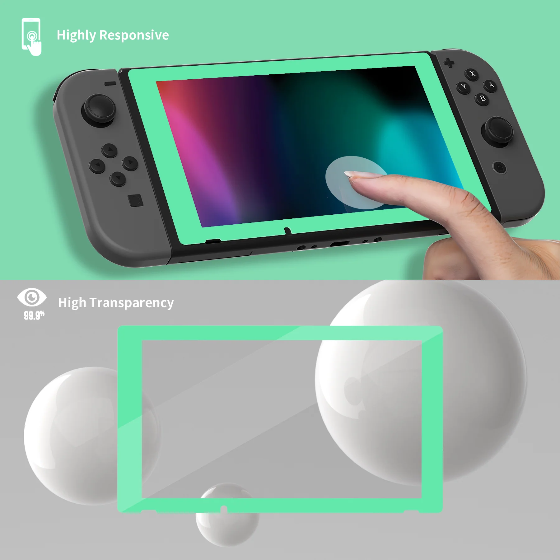 eXtremeRate 2 Pack Transparent HD Clear Tempered Glass Screen Protector for Nintendo Switch - Mint Green Border - Image 5