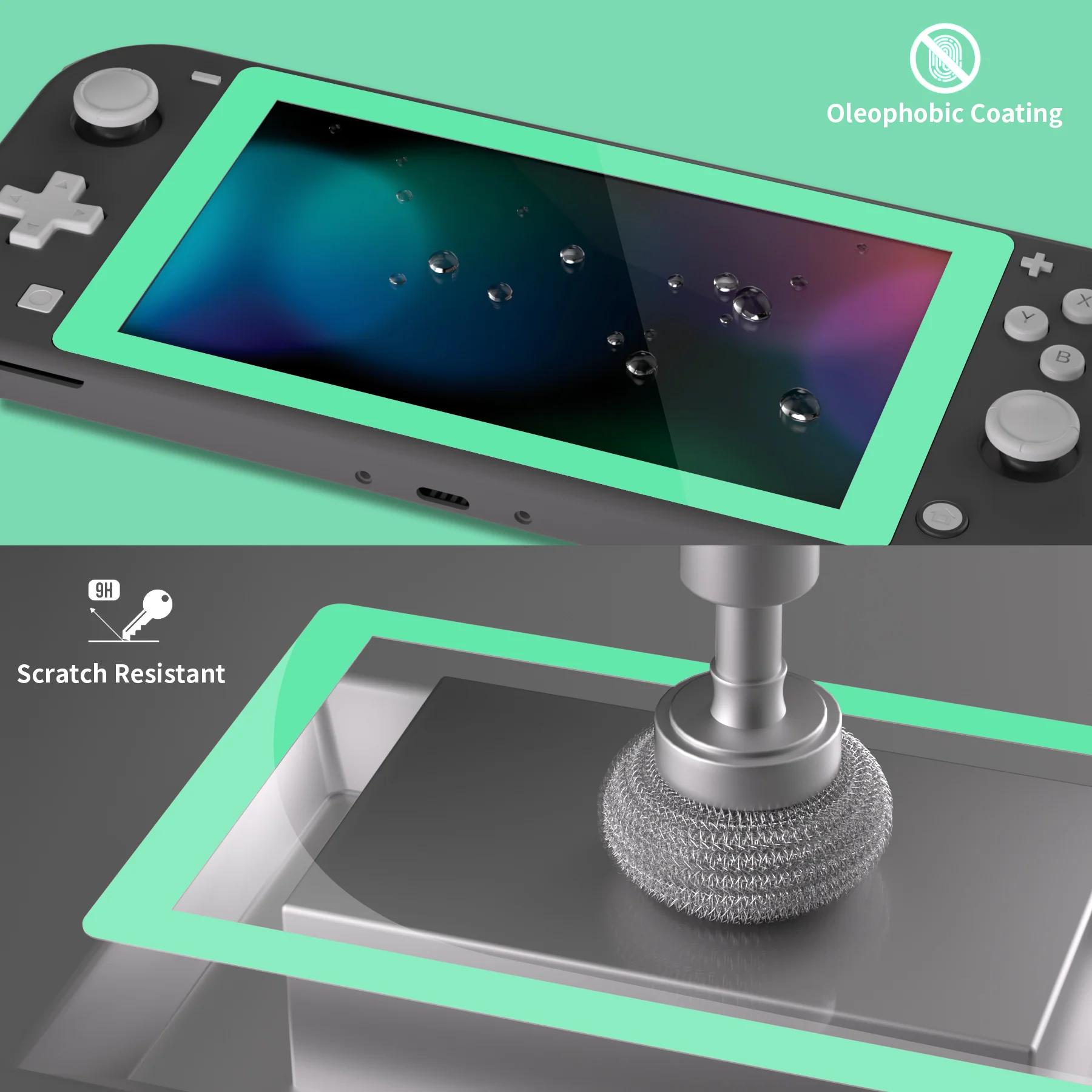 eXtremeRate 2 Pack Anti-Scratch Transparent HD Tempered Glass Screen Protector for Nintendo Switch Lite - Mint Green Border - Image 4