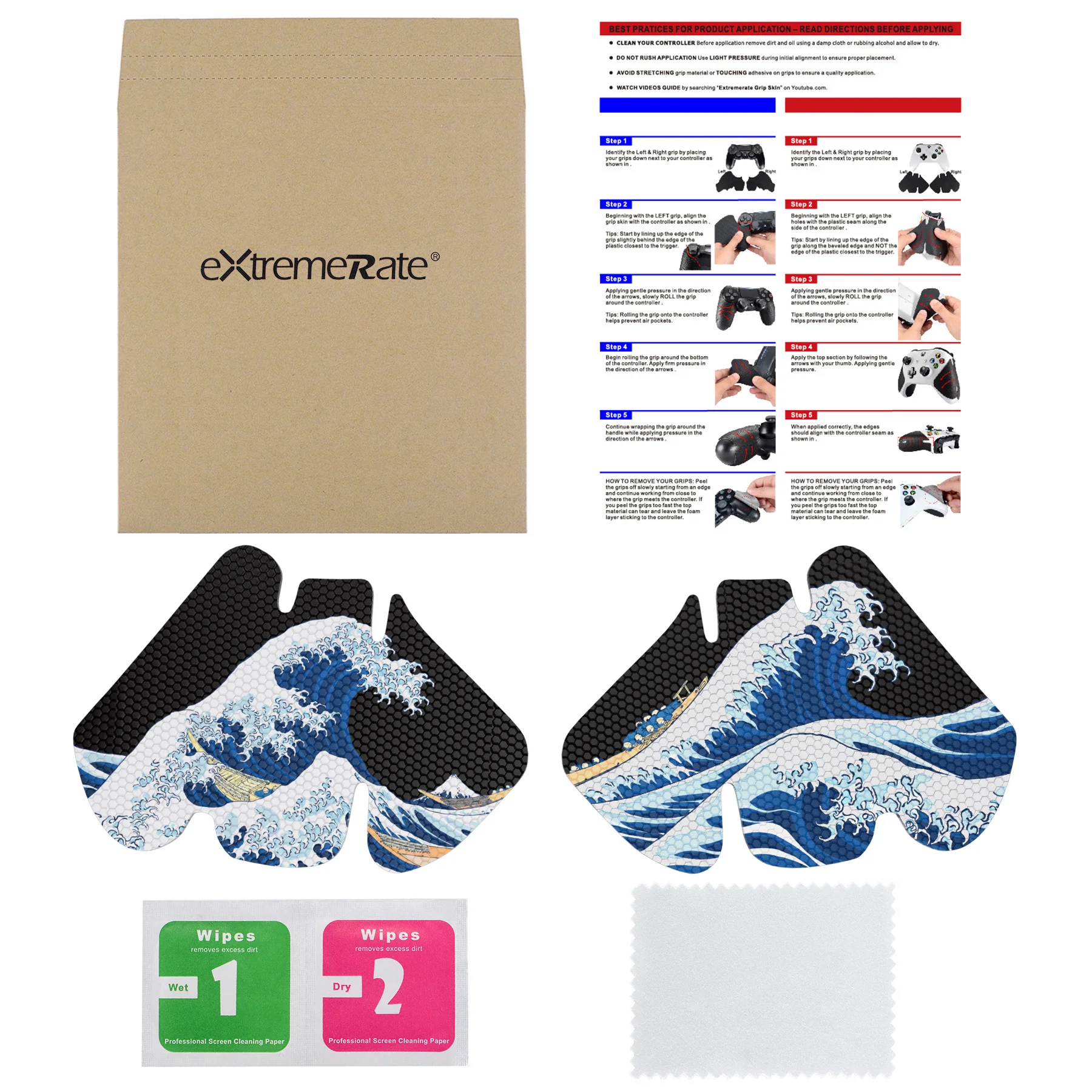 eXtremeRate Anti-Skid Sweat-Absorbent Textured Handle Grips for Xbox One & Xbox One X/S Controller - The Great Wave Off Kanagawa - Image 3