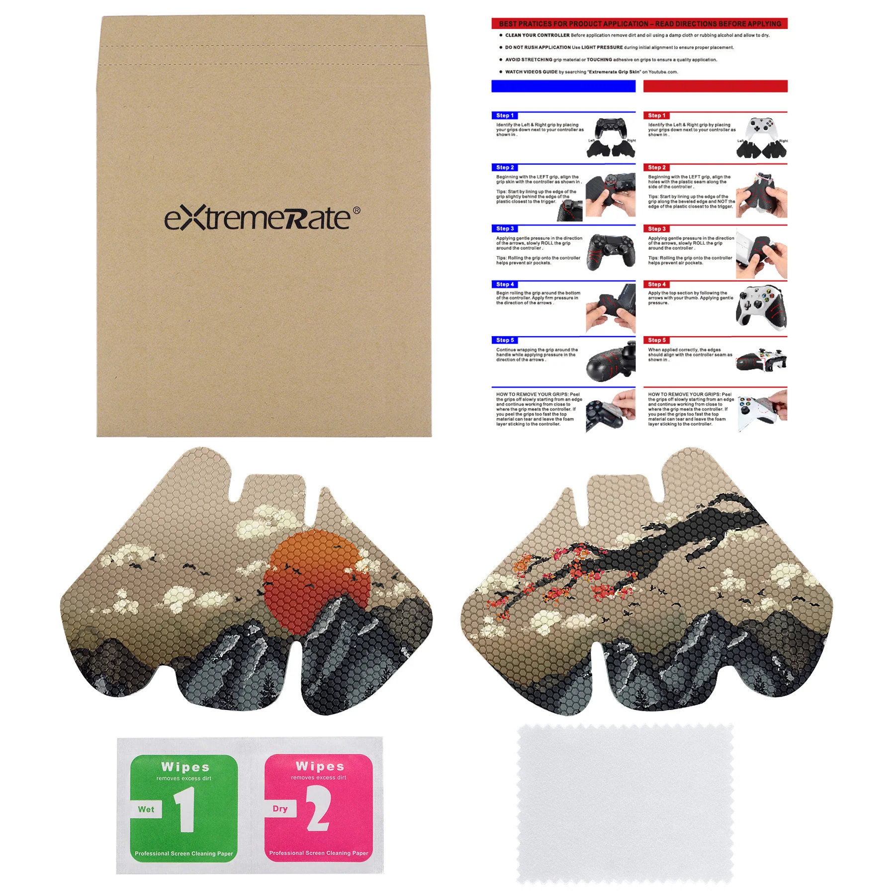eXtremeRate Anti-Skid Sweat-Absorbent Textured Handle Grips for Xbox One & Xbox One X/S Controller - View of Rising Sun - Image 3