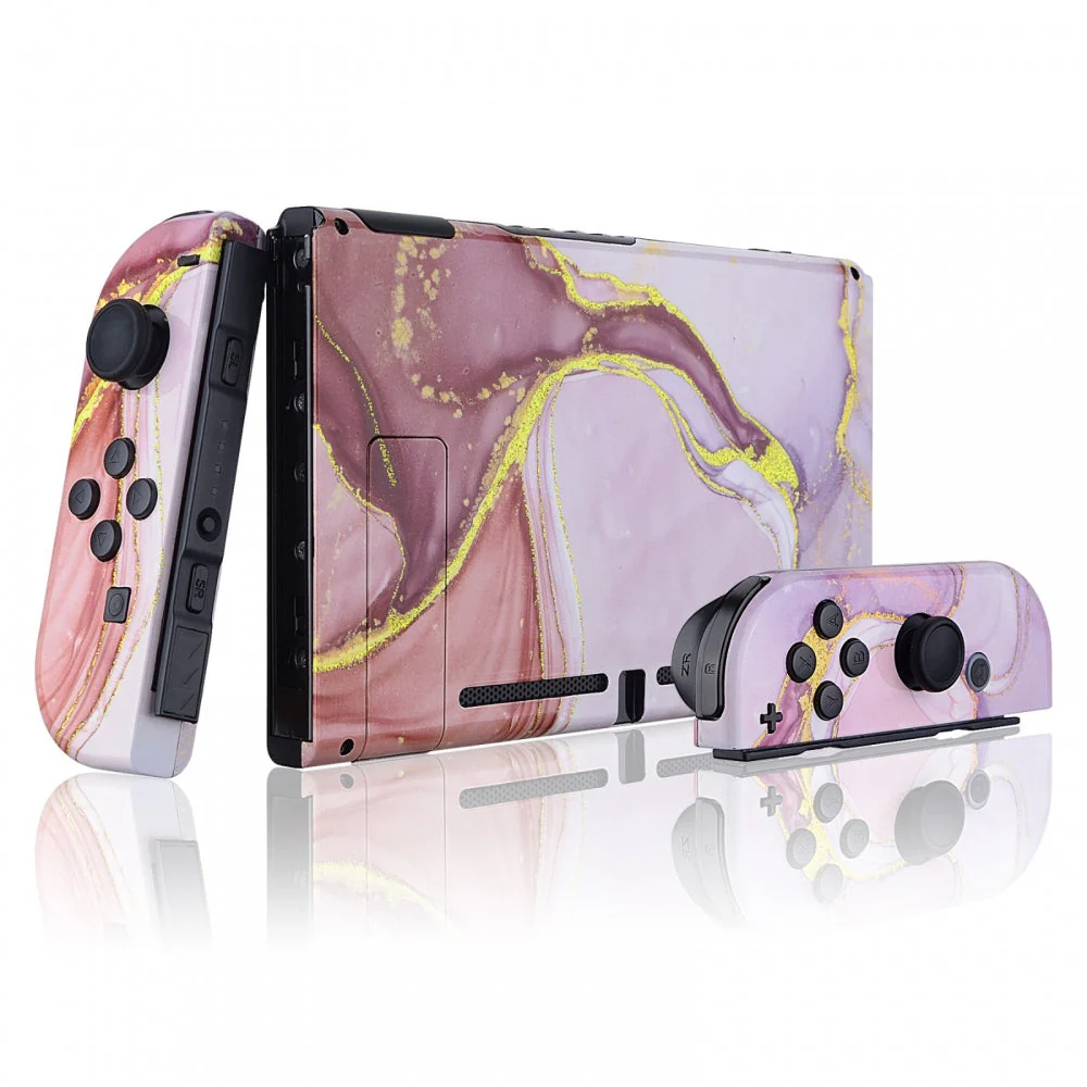 eXtremeRate Replacement Full Set Shells with Buttons for Nintendo Switch -  Cosmic Pink Gold Marble Effect - Image 3