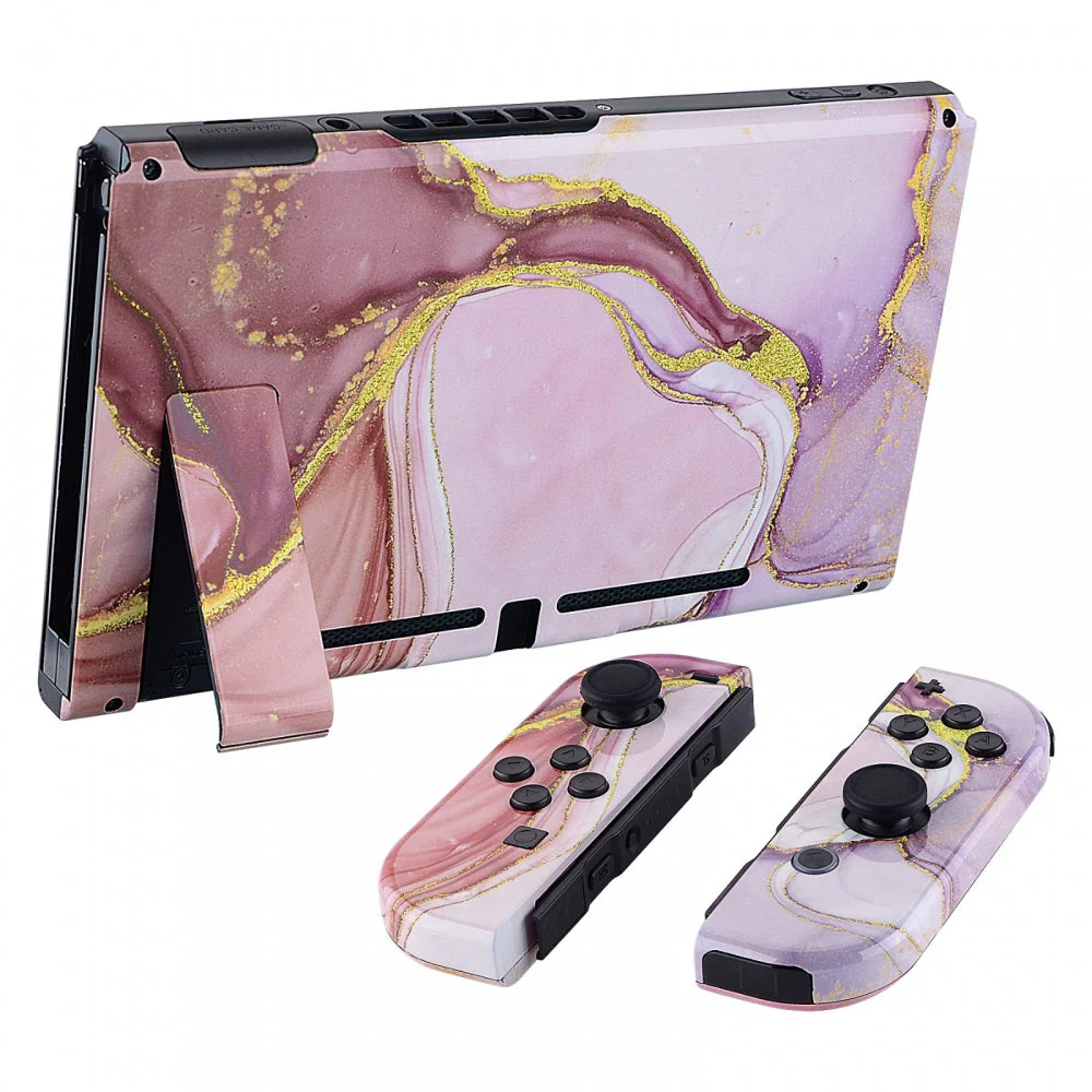 eXtremeRate Replacement Full Set Shells with Buttons for Nintendo Switch -  Cosmic Pink Gold Marble Effect - Image 4