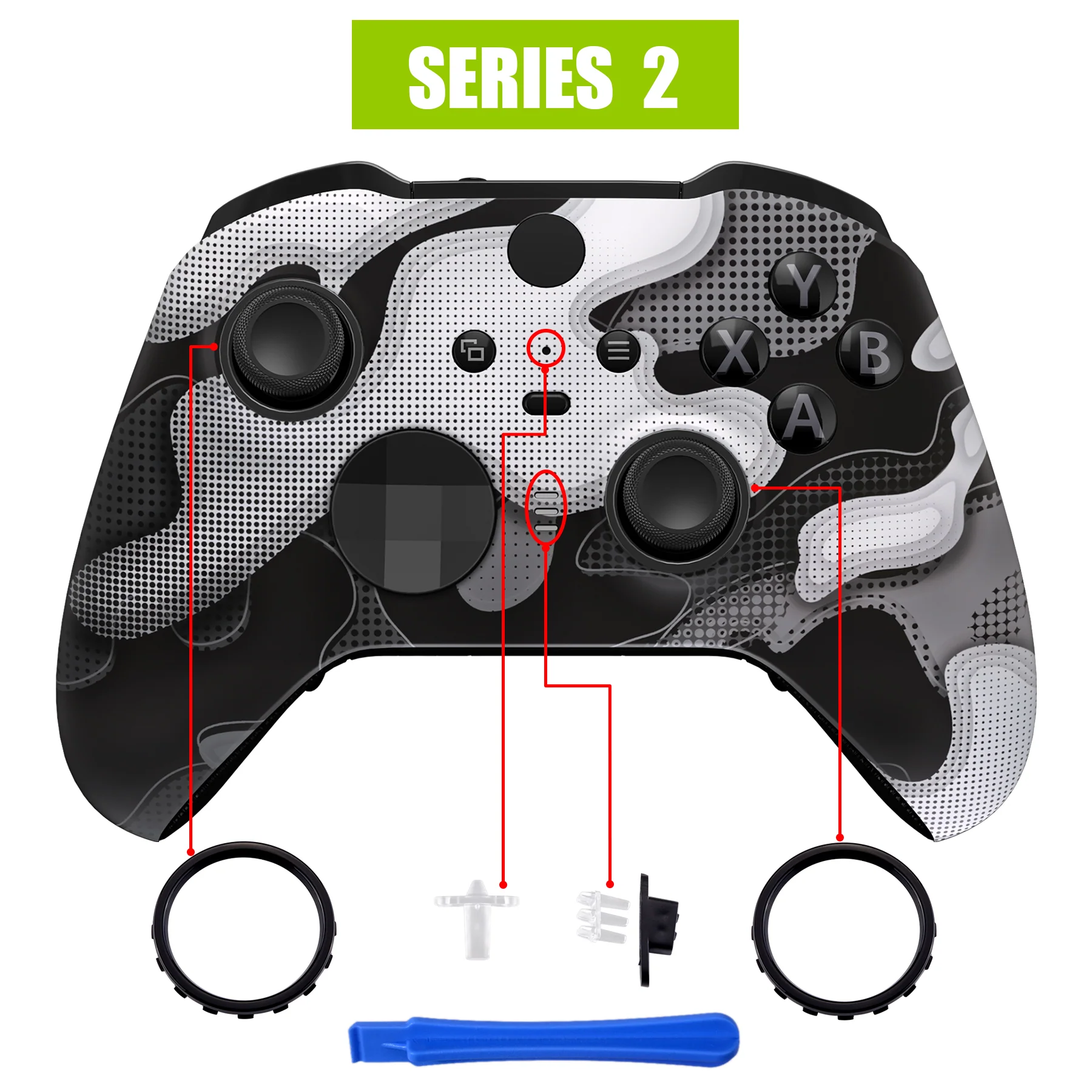 eXtremeRate Replacement Front Housing Shell Case with Accent Rings for Xbox One Elite Series 2 & Elite 2 Core Controller (Model 1797) - Black White Camouflage - Image 4