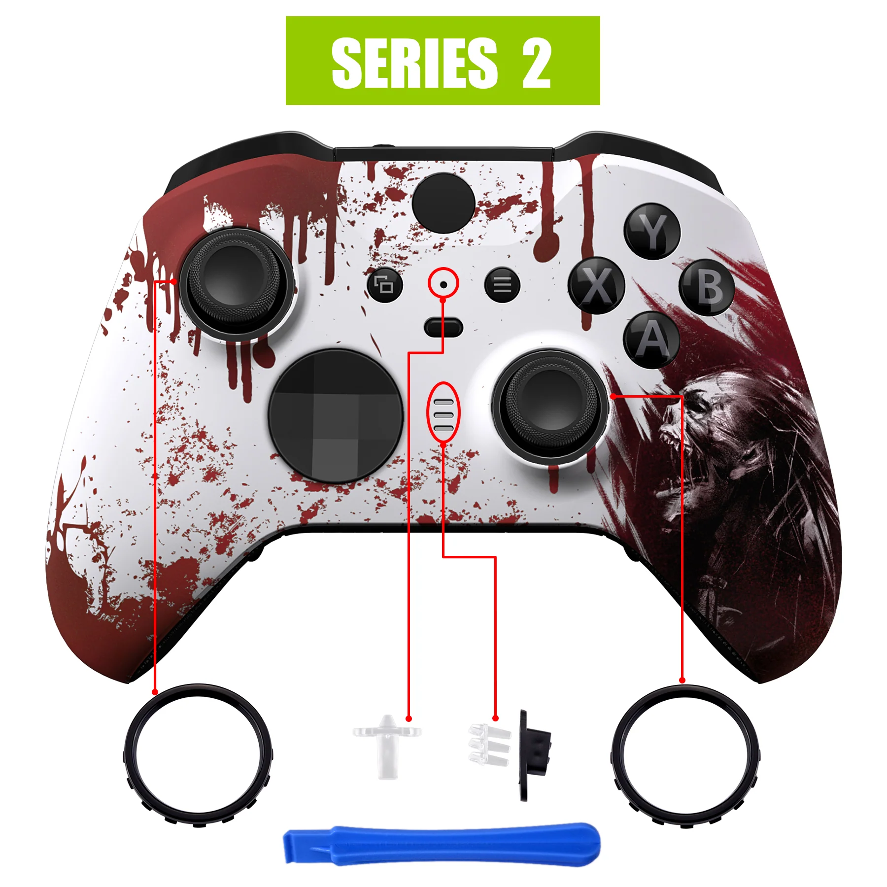 eXtremeRate Replacement Front Housing Shell Case with Accent Rings for Xbox One Elite Series 2 & Elite 2 Core Controller (Model 1797) - Blood Zombie - Image 4