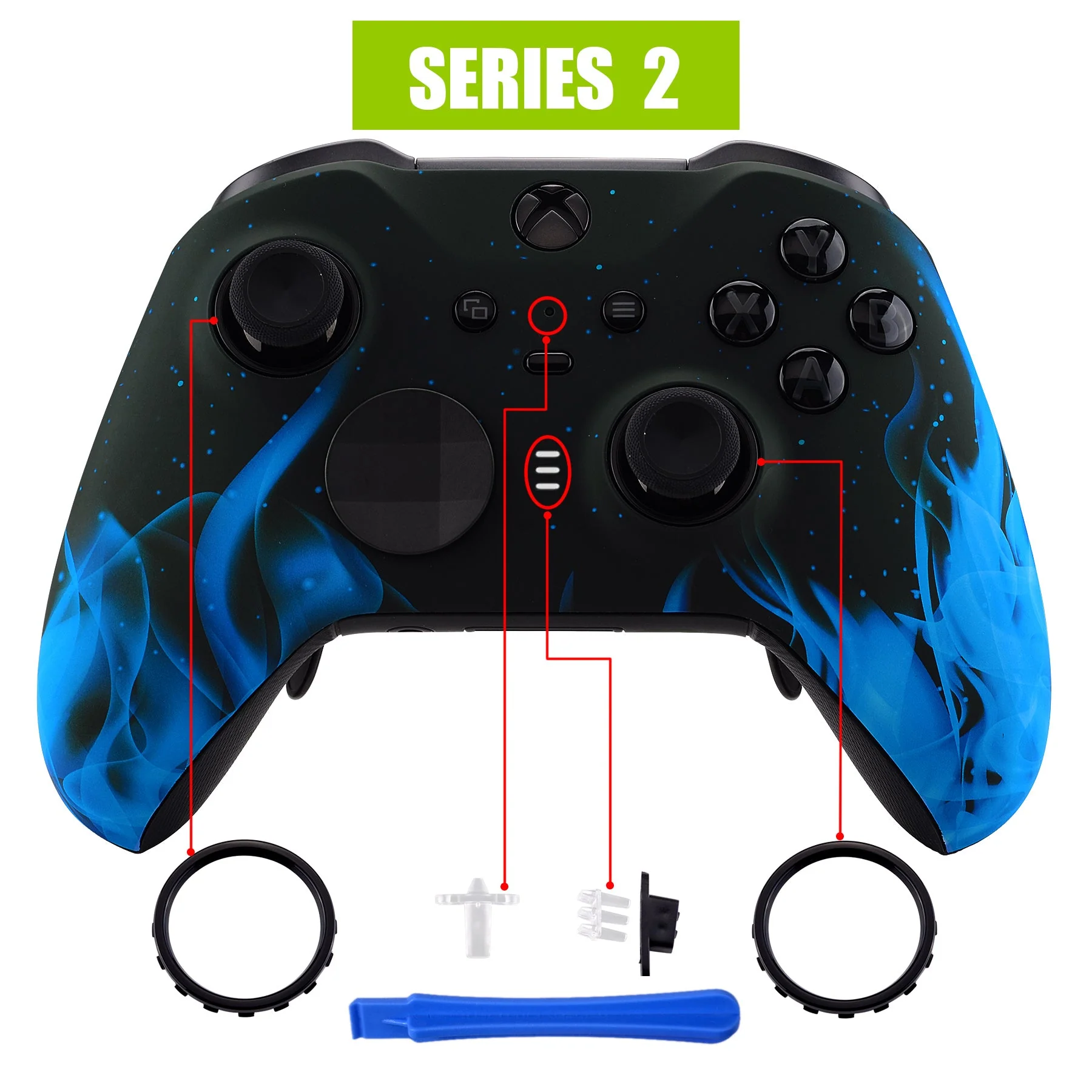 eXtremeRate Replacement Front Housing Shell Case with Accent Rings for Xbox One Elite Series 2 & Elite 2 Core Controller (Model 1797) - Blue Flame - Image 4