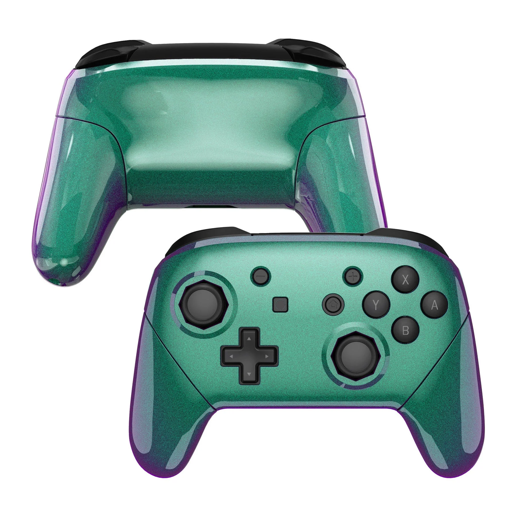 eXtremeRate Octagonal Gated Sticks Design Replacement Full Set Shell Faceplate Backplate Handles for Nintendo Switch Pro - Chameleon Green Purple - Image 4