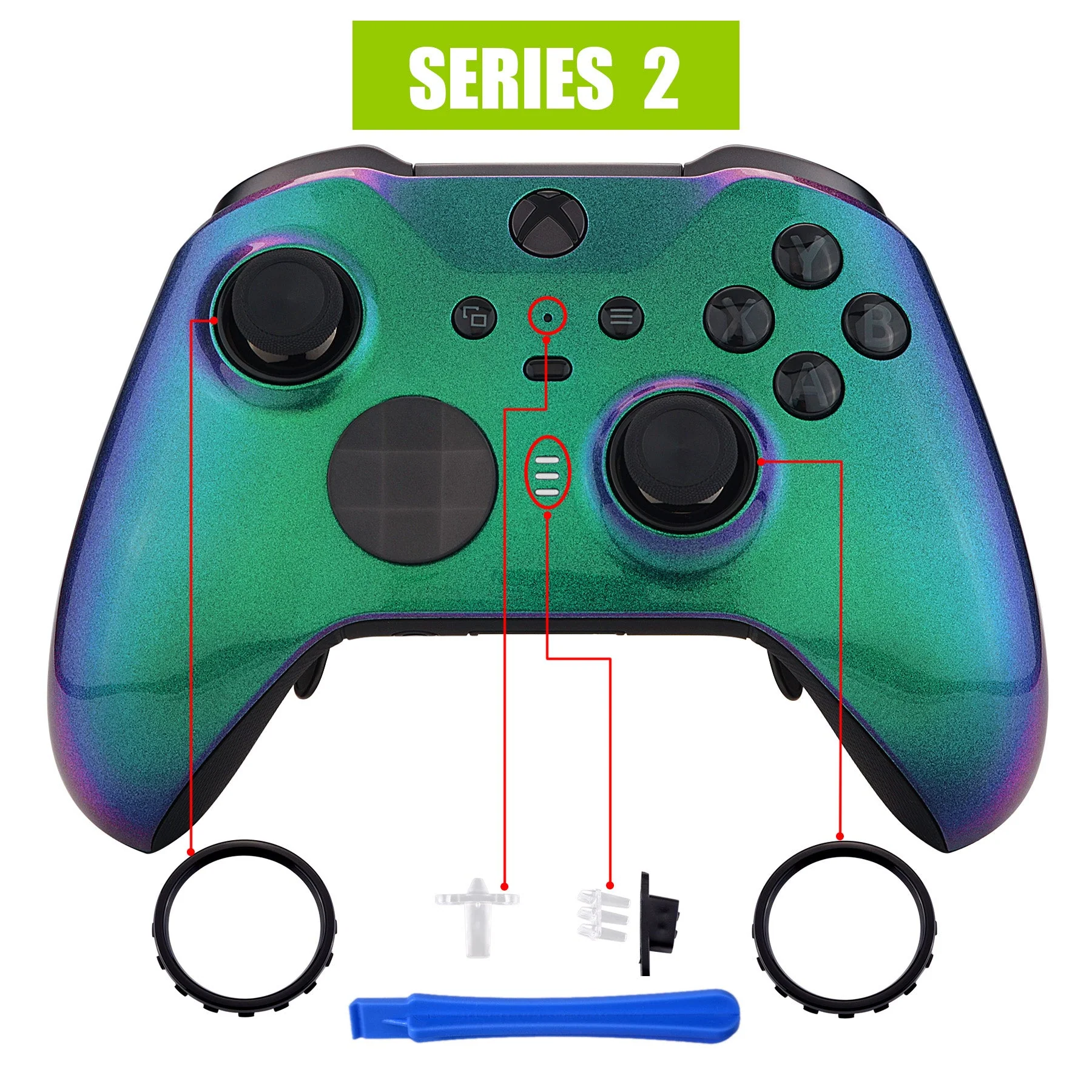 eXtremeRate Replacement Front Housing Shell Case with Accent Rings for Xbox One Elite Series 2 & Elite 2 Core Controller (Model 1797) - Chameleon Green Purple - Image 4