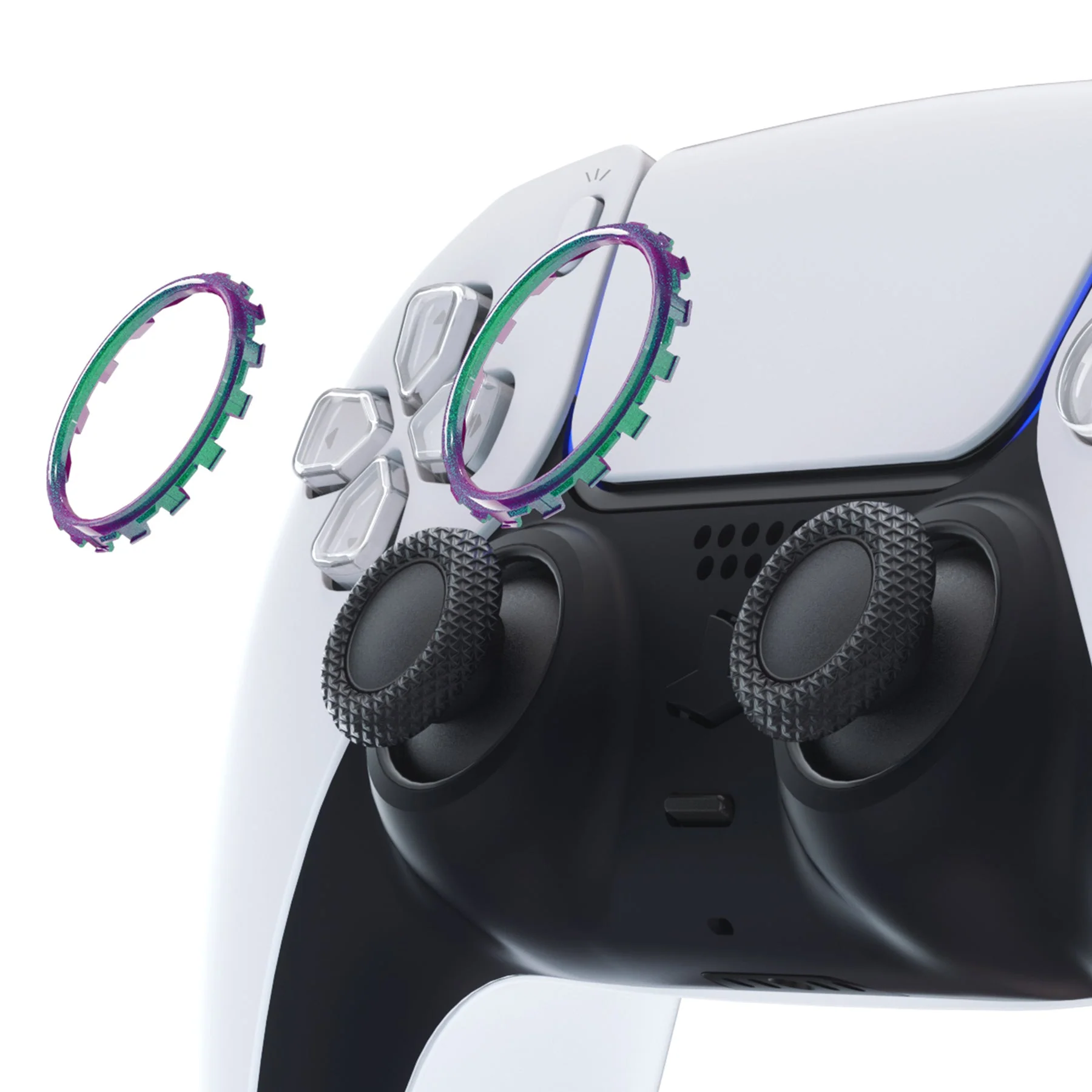 eXtremeRate Custom Replacement Accent Rings for PS5 Controller - Chameleon Green Purple Glossy - Image 4