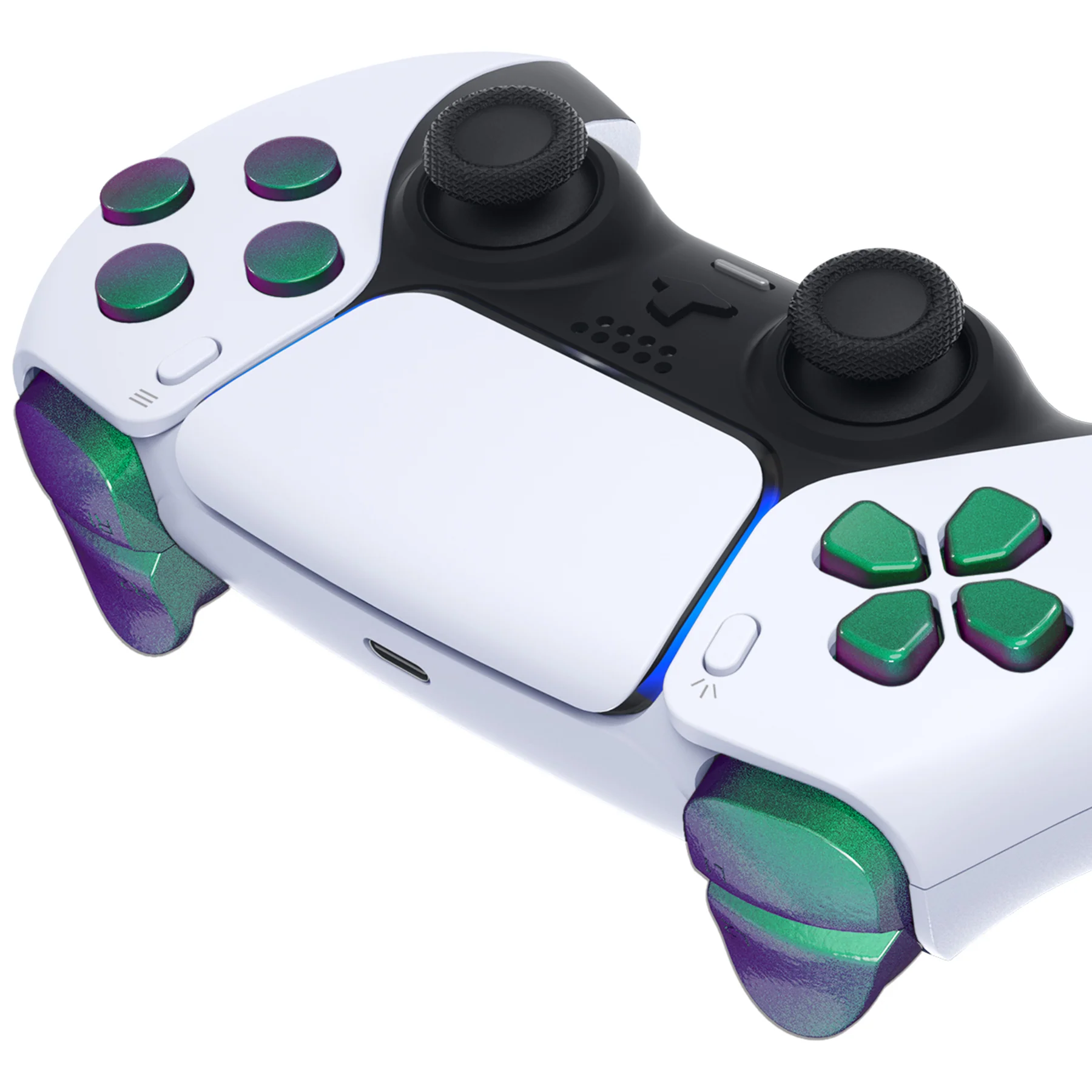 eXtremeRate Replacement Full Set Buttons Compatible with PS5 Controller BDM-030/040/050/060 - Chameleon Green Purple - Image 7