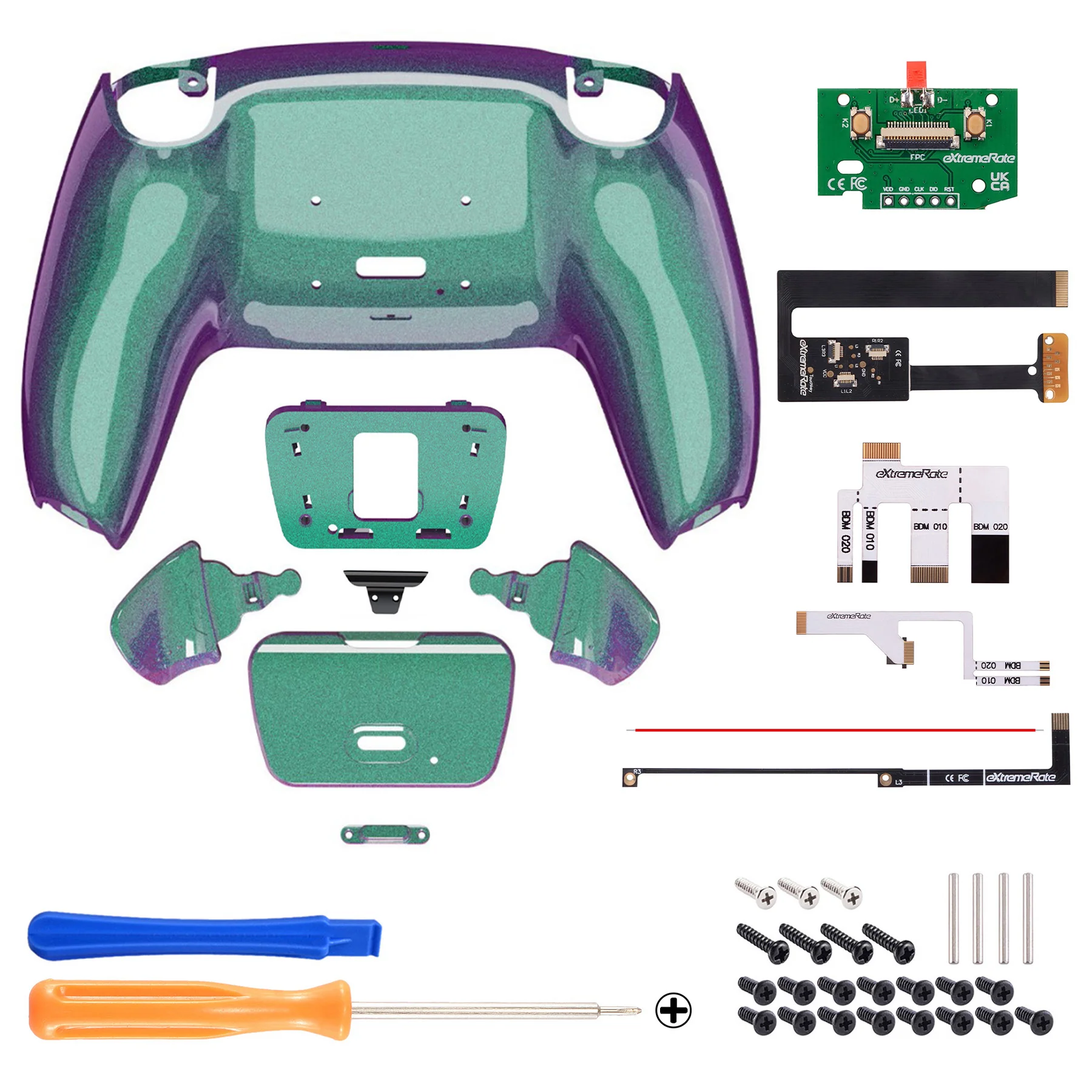eXtremeRate Remappable Rise 2.0 Remap Kit for PS5 Controller BDM-010 & BDM-020 - Chameleon Green Purple - Image 2