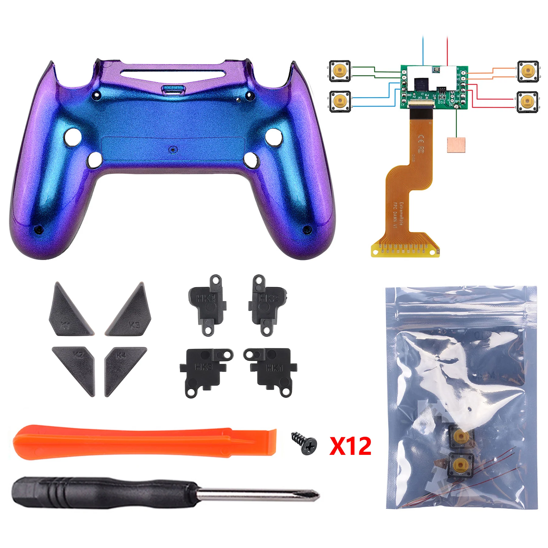 eXtremeRate Dawn Remappable Remap Kit with Redesigned Back Shell & 4 Back Buttons for PS4 Controller JDM 040/050/055 - Chameleon Purple Blue - Image 3