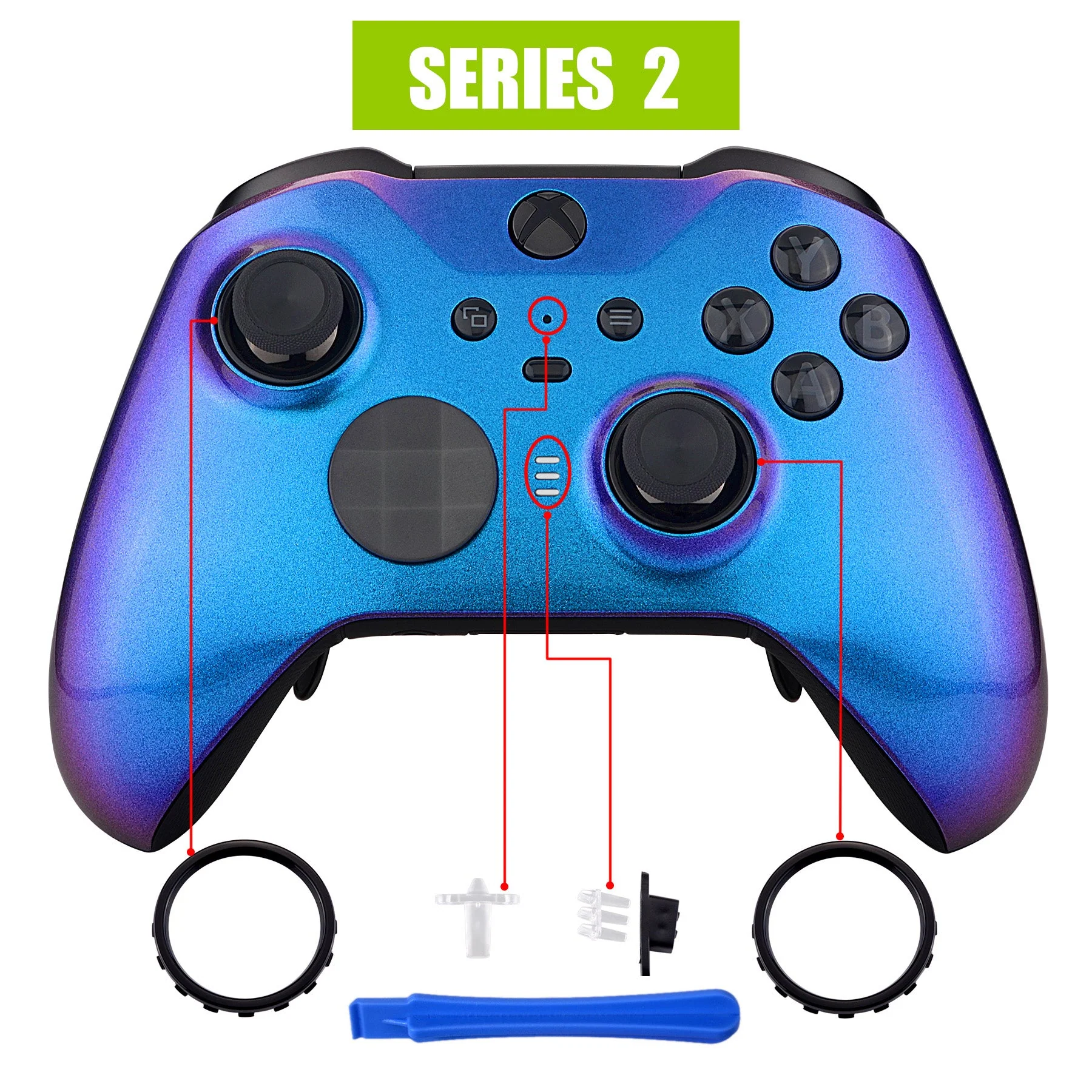 eXtremeRate Replacement Front Housing Shell Case with Accent Rings for Xbox One Elite Series 2 & Elite 2 Core Controller (Model 1797) - Chameleon Purple Blue - Image 4