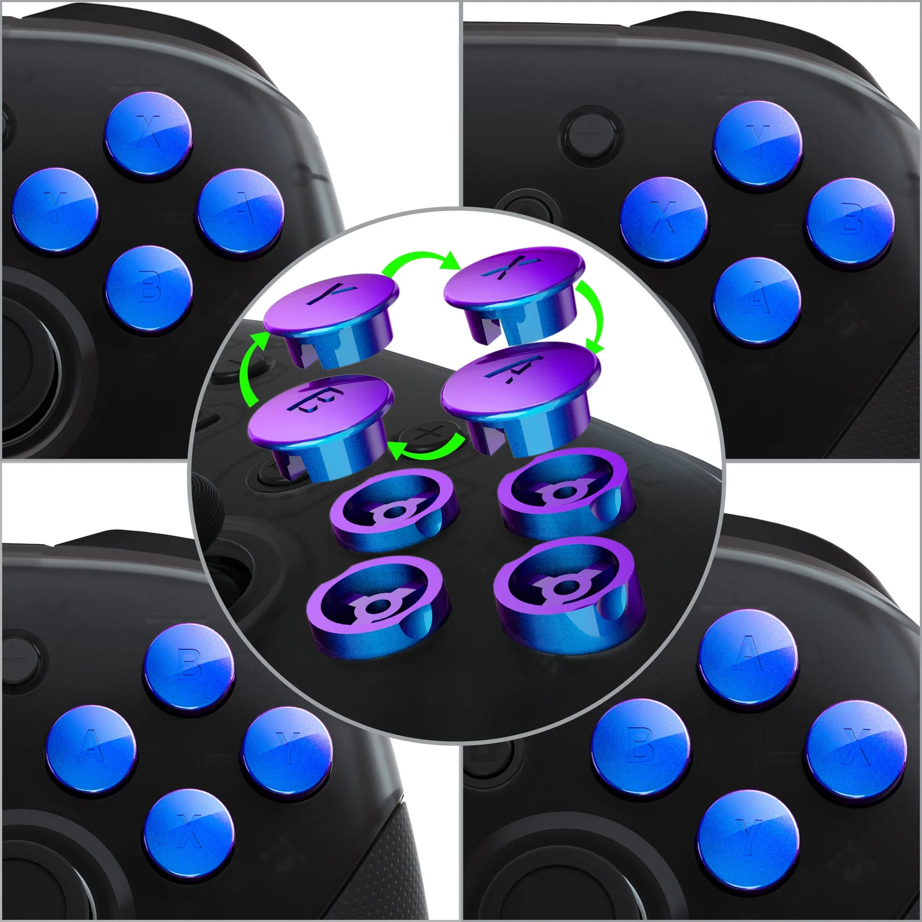 eXtremeRate Replacement Interchangeable ABXY Buttons for Nintendo Switch Pro Controller - Chameleon Purple Blue - Image 2
