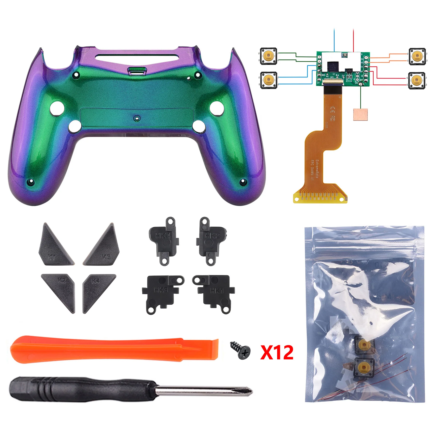 eXtremeRate Dawn Remappable Remap Kit with Redesigned Back Shell & 4 Back Buttons for PS4 Controller JDM 040/050/055 - Chameleon Green Purple - Image 4