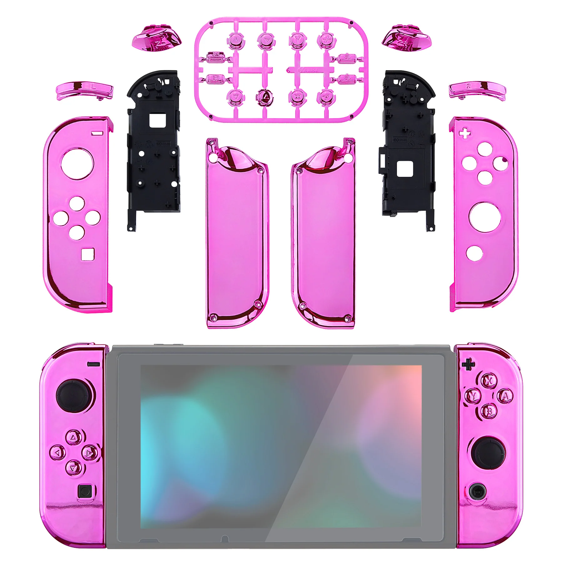 eXtremeRate Replacement Full Set Shell Case with Buttons for Joycon of NS Switch - Chrome Pink Glossy - Image 3