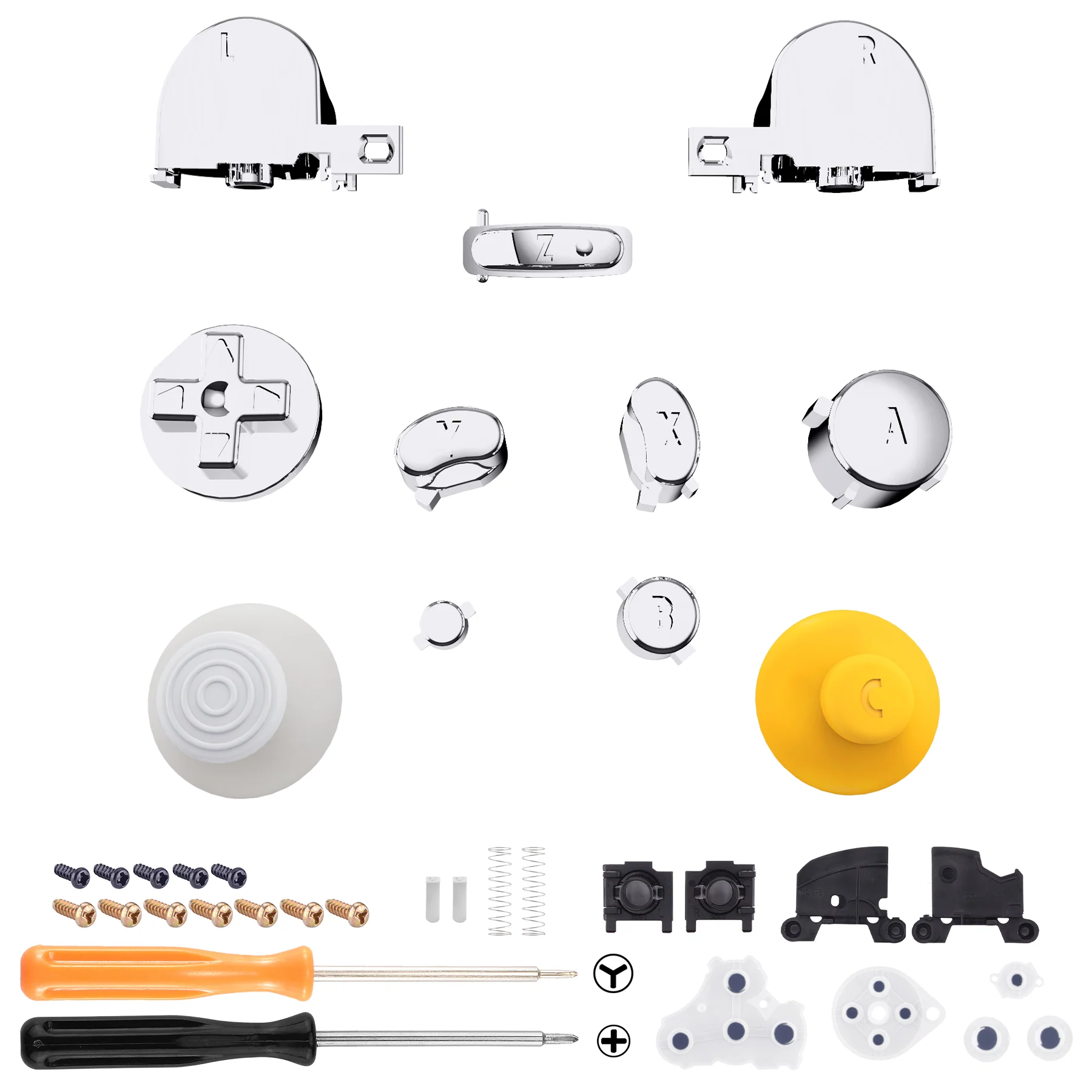 eXtremeRate DIY Replacement Full Set Buttons & Thumbsticks for Nintendo GameCube Controller NGC - Chrome Silver - Image 2