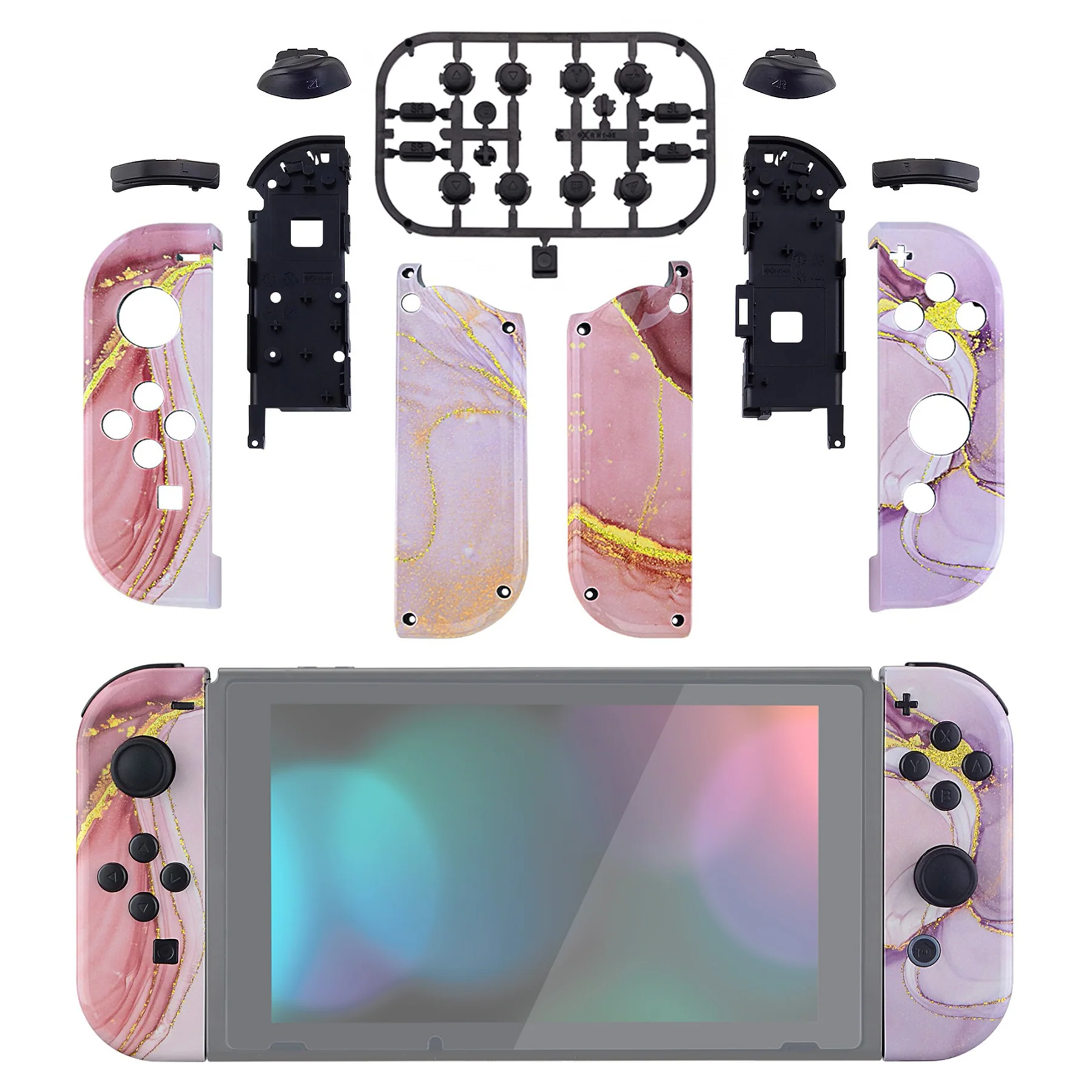 eXtremeRate Replacement Full Set Shell Case with Buttons for Joycon of NS Switch - Cosmic Pink Gold Marble Effect - Image 3