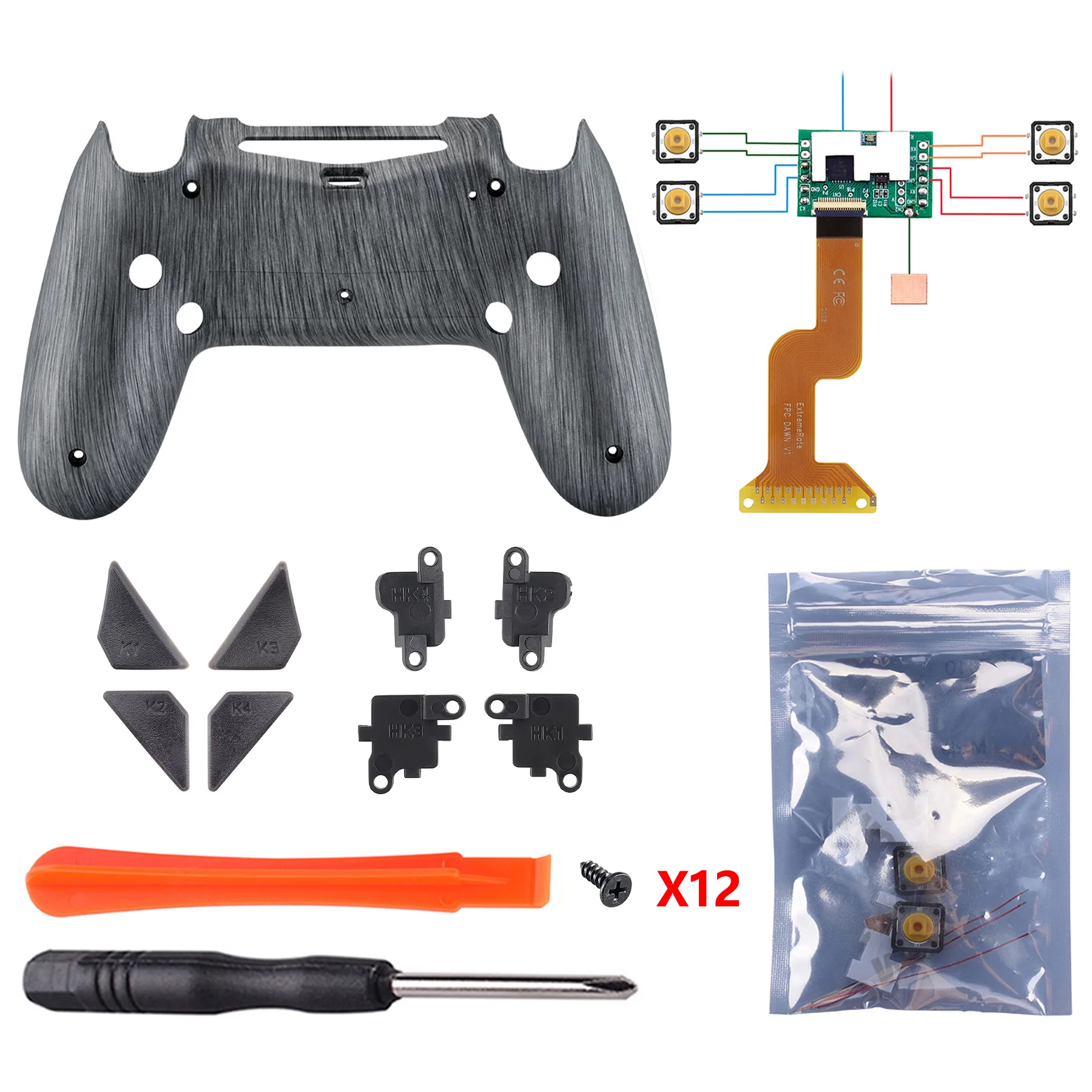 eXtremeRate Dawn Remappable Remap Kit with Redesigned Back Shell & 4 Back Buttons for PS4 Controller JDM 040/050/055 - Brushed Silver Patterned - Image 3