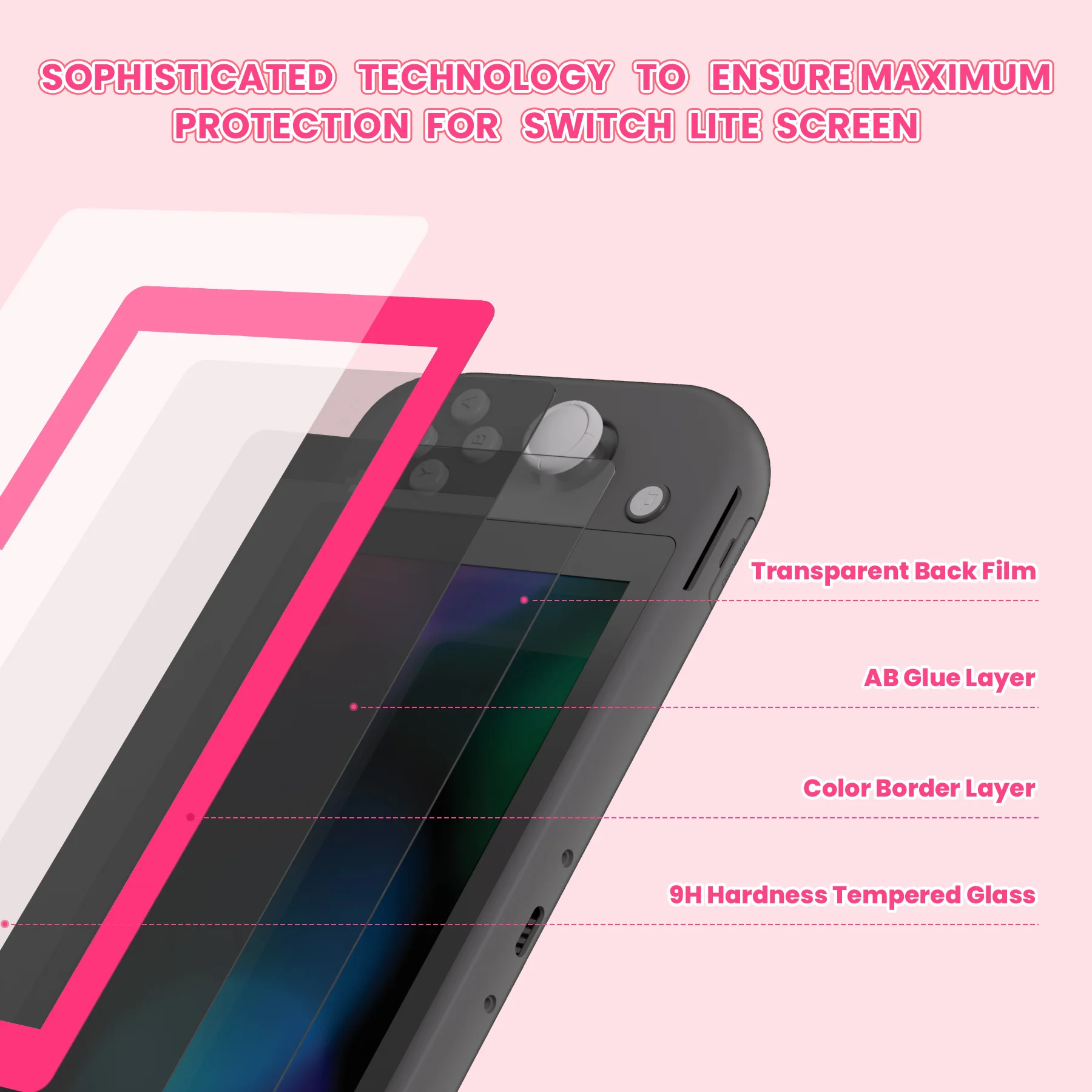 eXtremeRate 2 Pack Anti-Scratch Transparent HD Tempered Glass Screen Protector for Nintendo Switch Lite - Bright Pink - Image 5