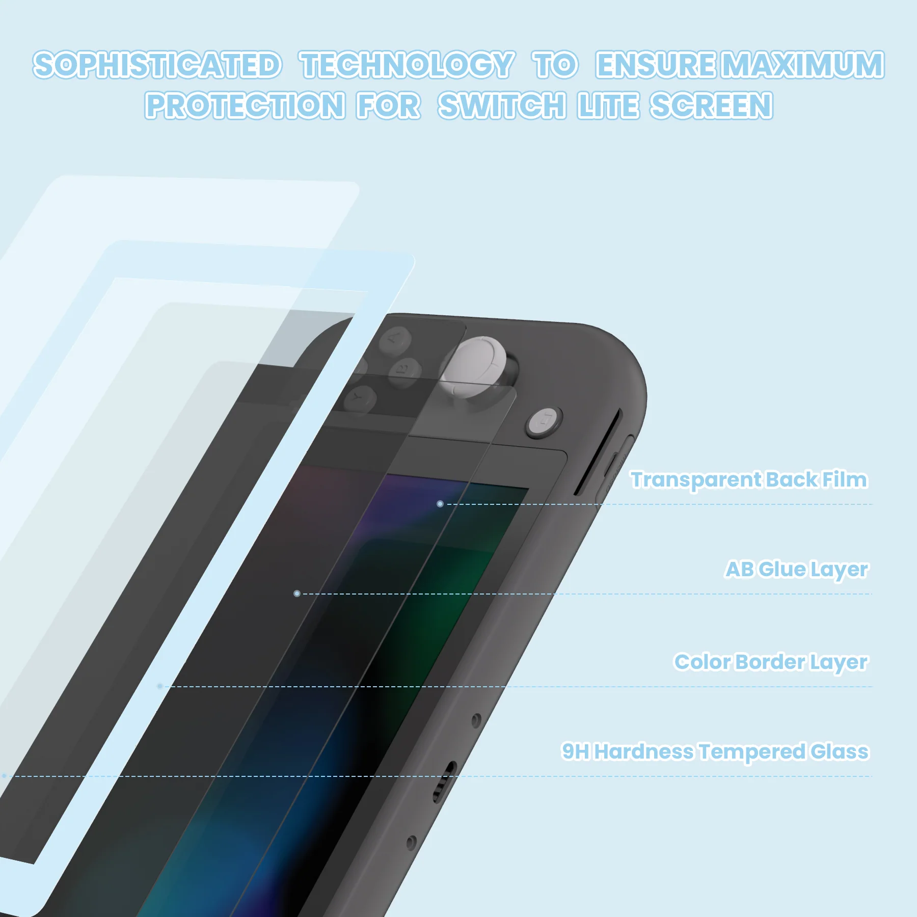 eXtremeRate 2 Pack Anti-Scratch Transparent HD Tempered Glass Screen Protector for Nintendo Switch Lite - Sky Blue Border - Image 3