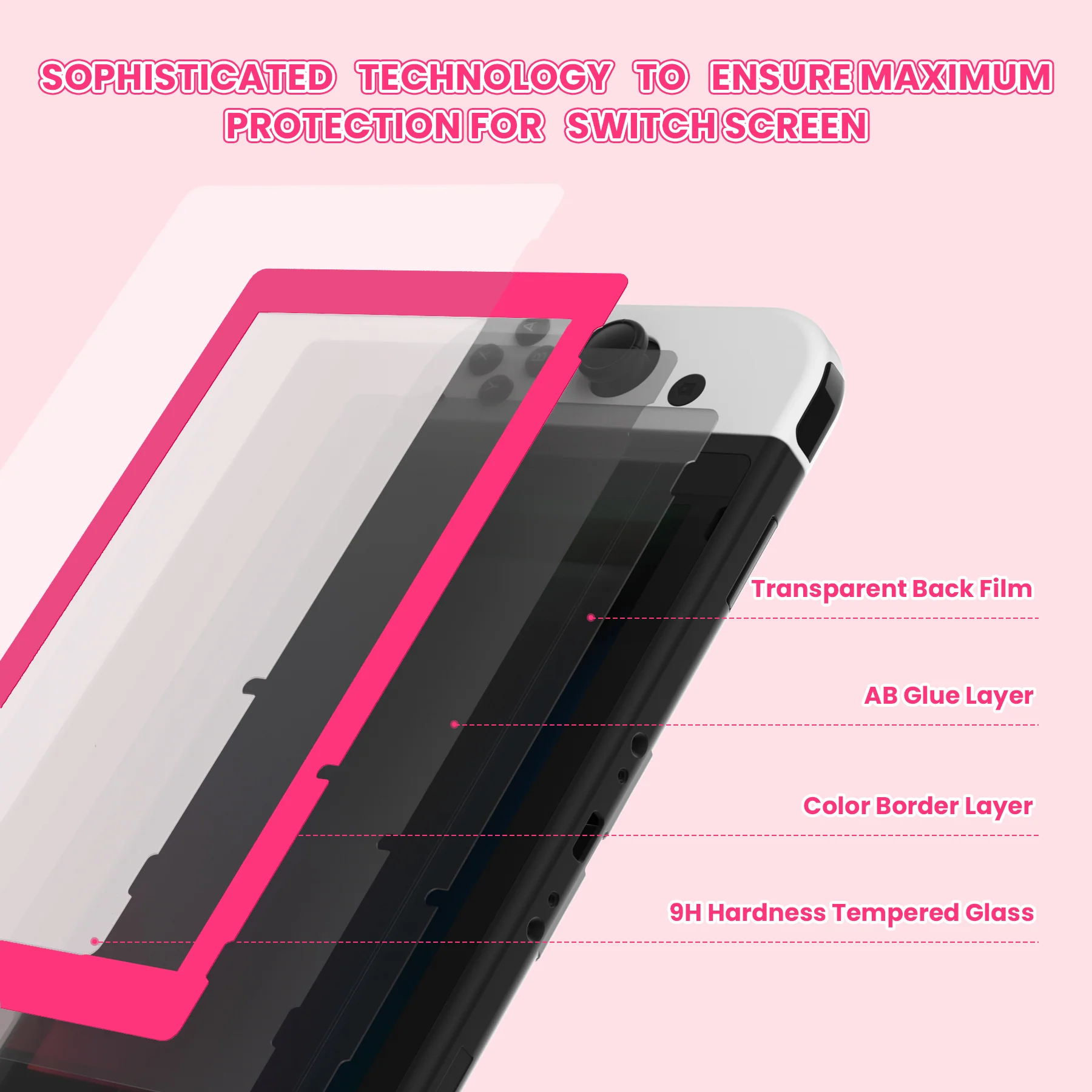 eXtremeRate 2 Pack Transparent HD Clear Tempered Glass Screen Protector for Nintendo Switch - Bright Pink - Image 4