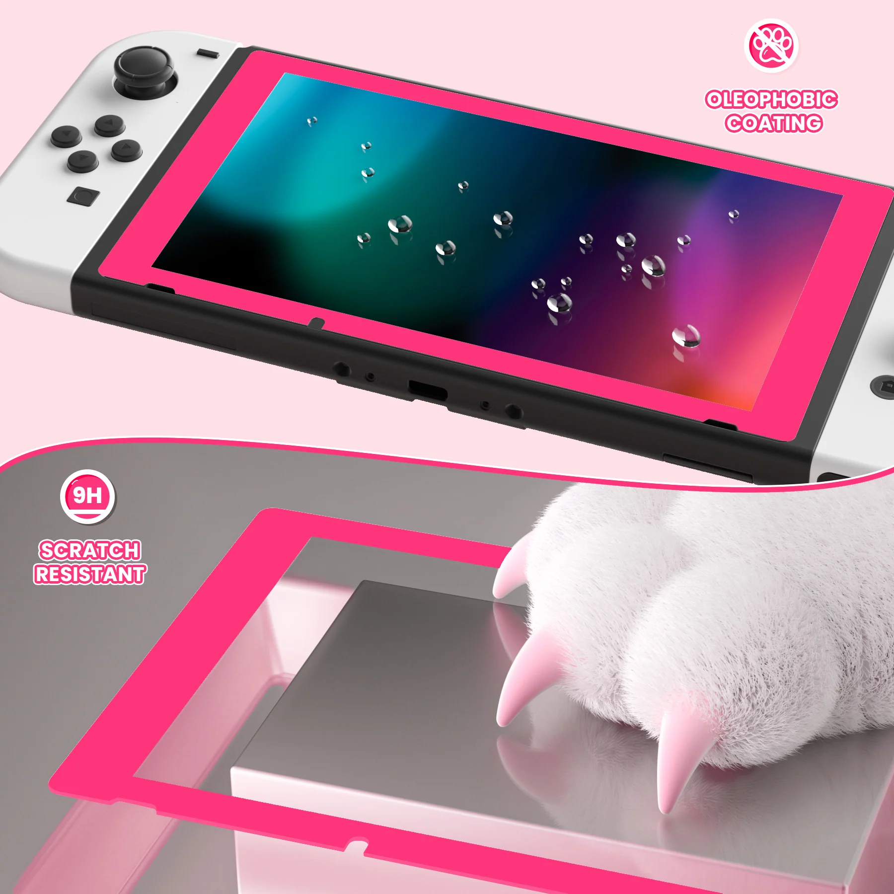 eXtremeRate 2 Pack Transparent HD Clear Tempered Glass Screen Protector for Nintendo Switch - Bright Pink - Image 7