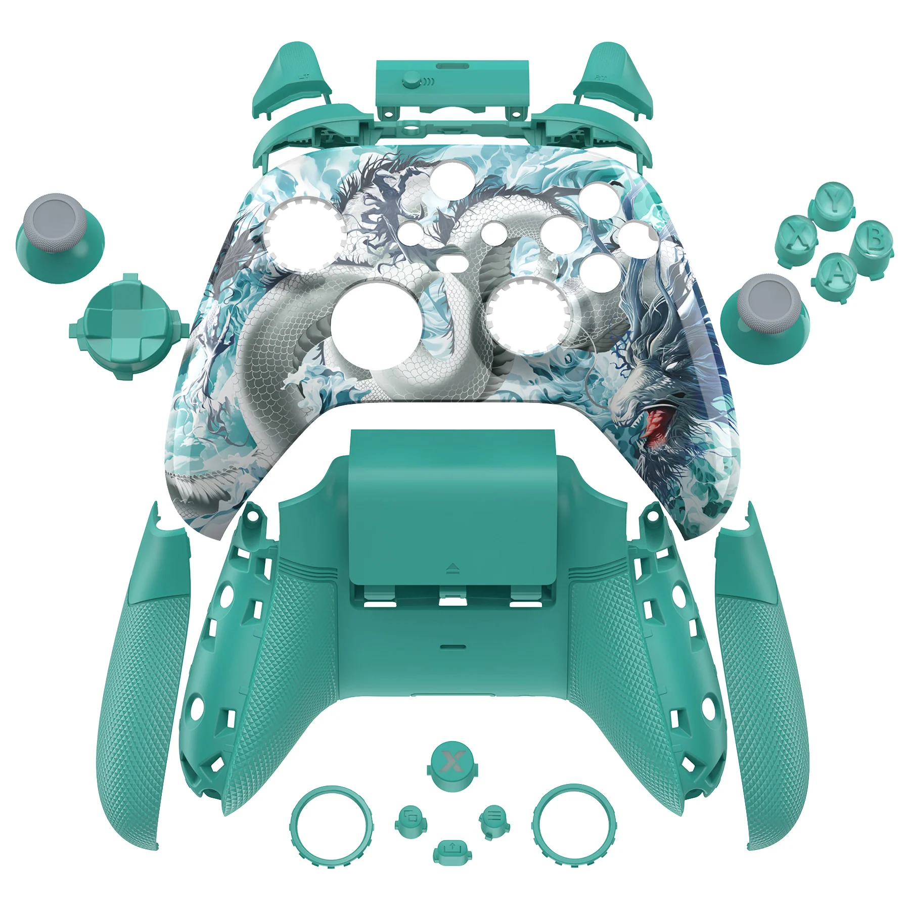 eXtremeRate ASR Version Performance Rubberized Full Set Shell Buttons with Redesigned Grip Diamond Texture Handles Backplate Case for Xbox Series X/S Controller & Xbox Core Controller - Jade Dragon - Cloud Dominator - Image 2