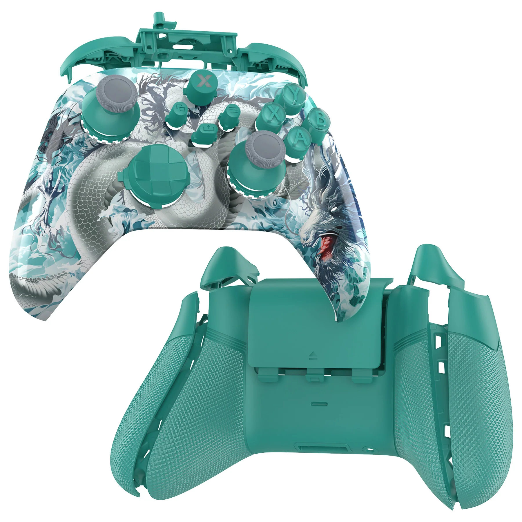 eXtremeRate ASR Version Performance Rubberized Full Set Shell Buttons with Redesigned Grip Diamond Texture Handles Backplate Case for Xbox Series X/S Controller & Xbox Core Controller - Jade Dragon - Cloud Dominator - Image 8