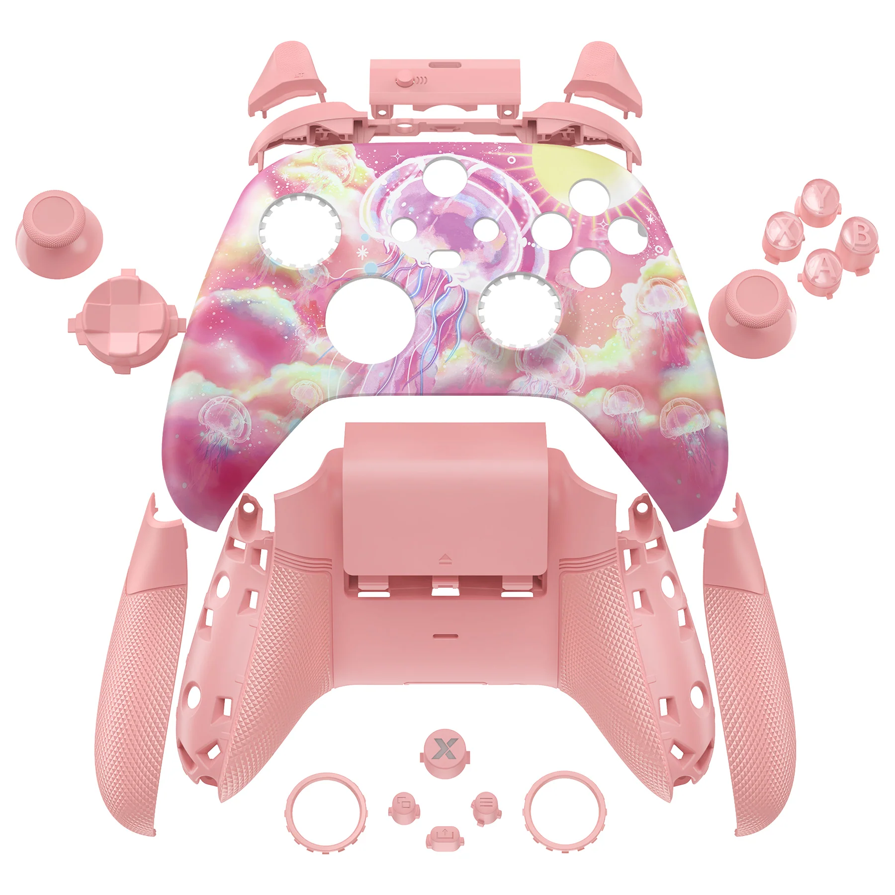 eXtremeRate ASR Version Performance Rubberized Full Set Shell Buttons with Redesigned Grip Diamond Texture Handles Backplate Case for Xbox Series X/S Controller & Xbox Core Controller - Pinky Jellyfish Heaven - Image 2
