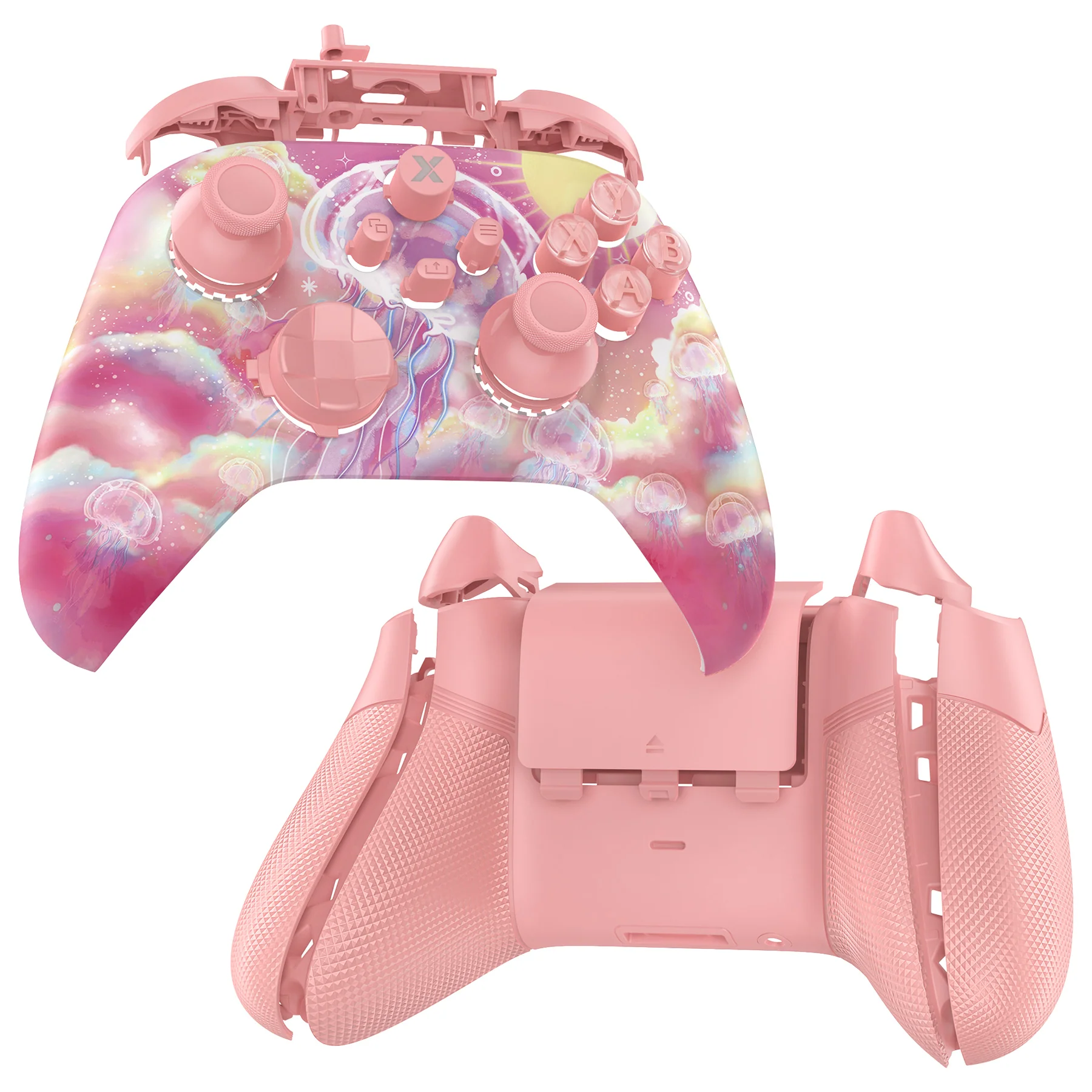 eXtremeRate ASR Version Performance Rubberized Full Set Shell Buttons with Redesigned Grip Diamond Texture Handles Backplate Case for Xbox Series X/S Controller & Xbox Core Controller - Pinky Jellyfish Heaven - Image 8