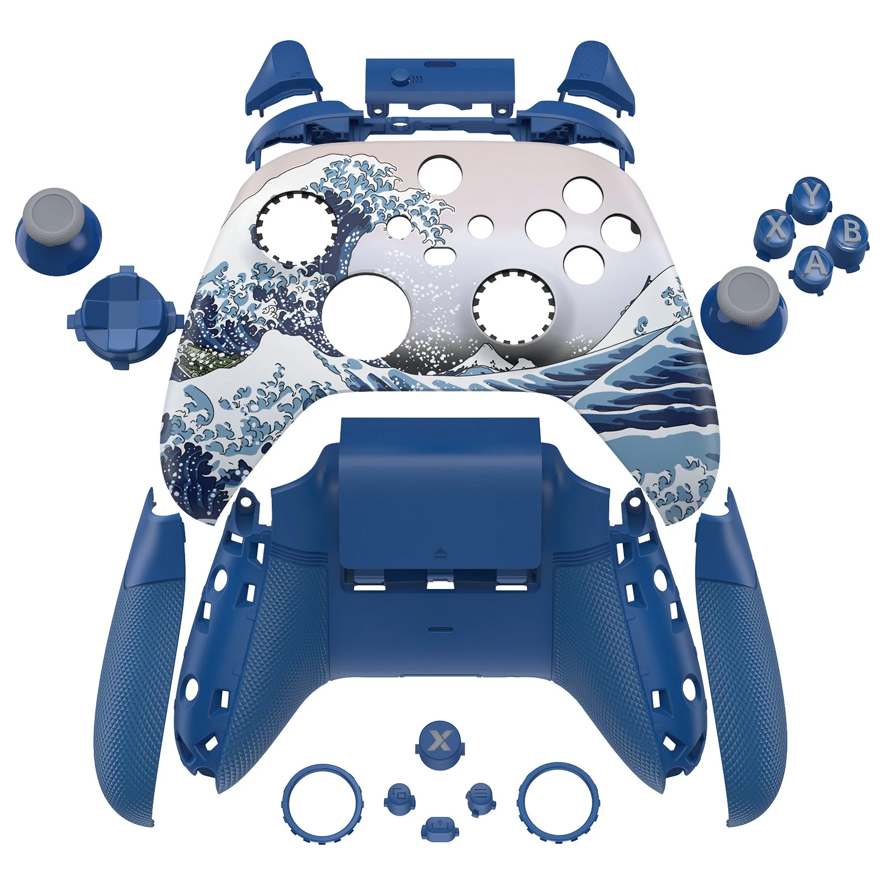 eXtremeRate ASR Version Performance Rubberized Full Set Shell Buttons with Redesigned Grip Diamond Texture Handles Backplate Case for Xbox Series X/S Controller & Xbox Core Controller - The Great Wave - Image 2
