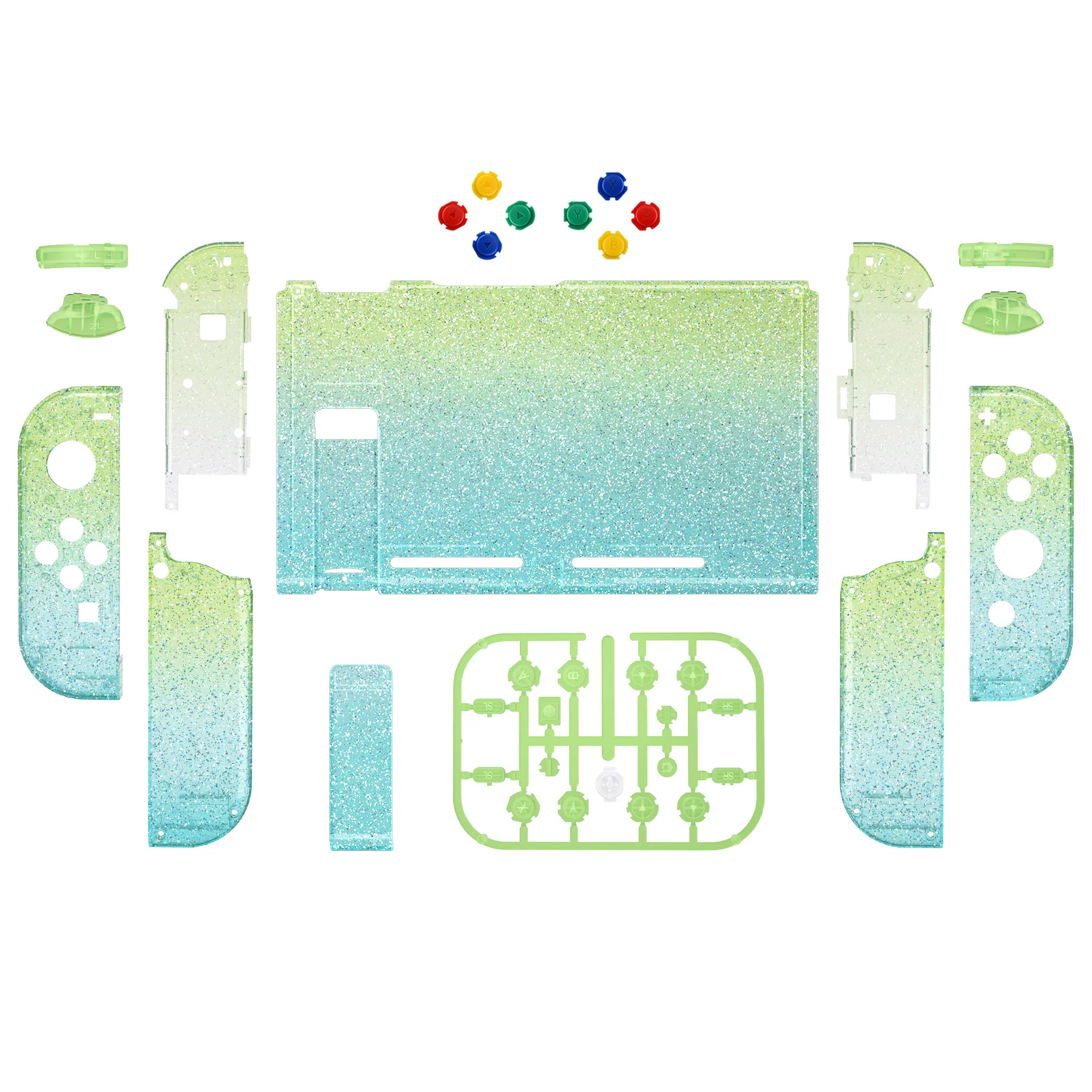 eXtremeRate Replacement Full Set Shells with Buttons for Nintendo Switch - Glitter Gradient Translucent Green Blue - Image 2