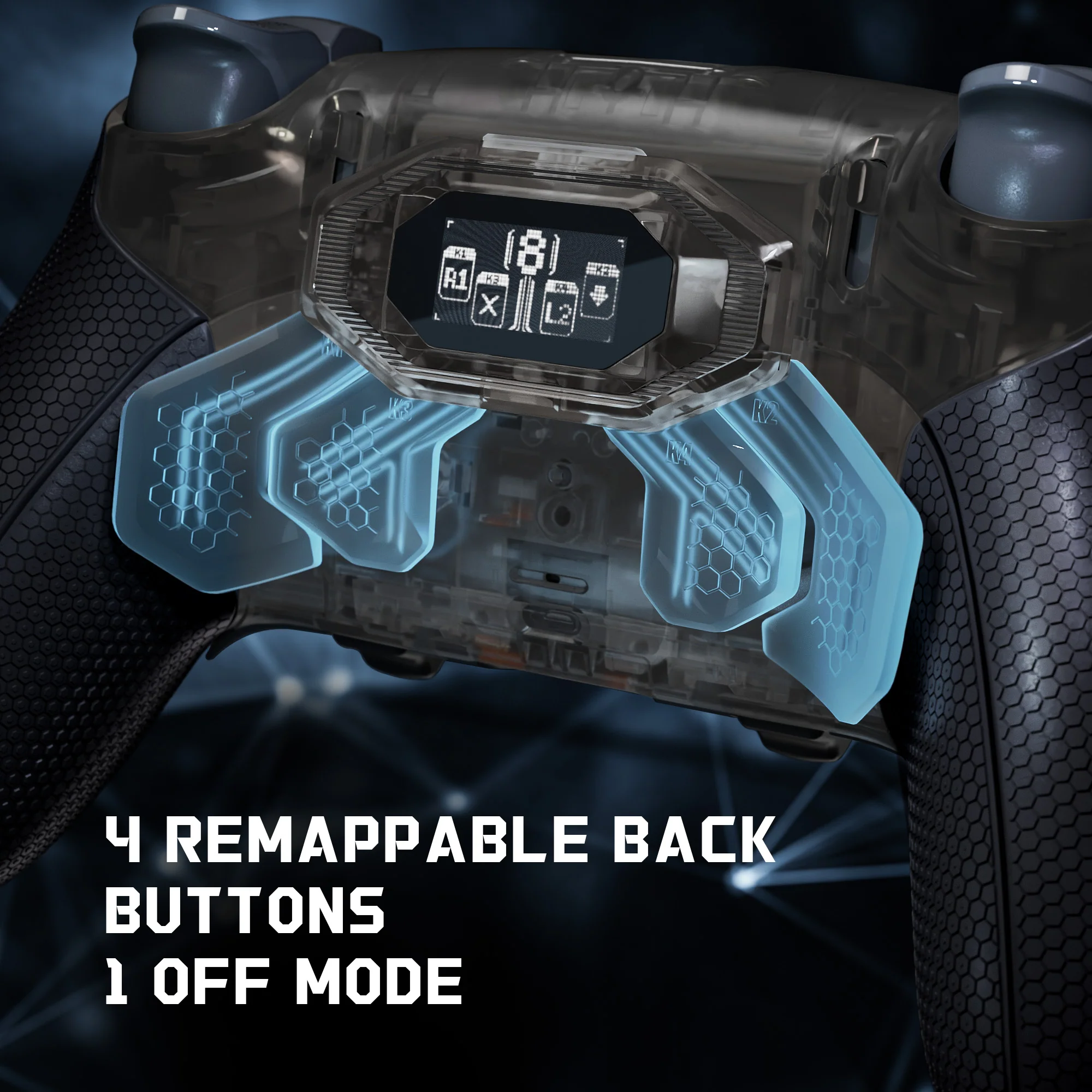 eXtremeRate BEYOND Back Paddles Kit with OLED Display & Redesigned Ergonomic Grips for PS5 Edge Controller - Rubberized Clear & Black - Image 3