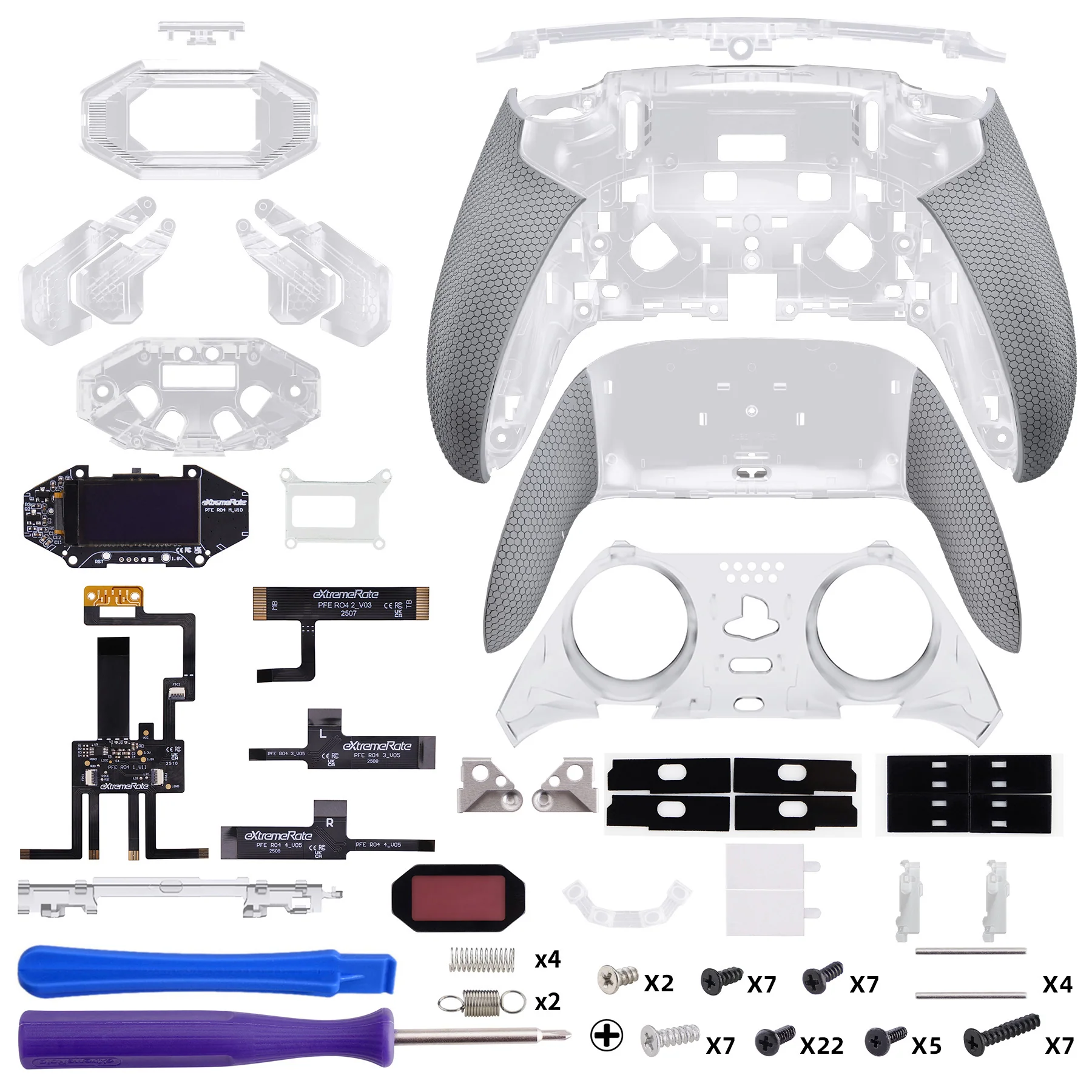 eXtremeRate BEYOND Back Paddles Kit with OLED Display & Redesigned Ergonomic Grips for PS5 Edge Controller - Rubberized Clear & Gray - Image 2
