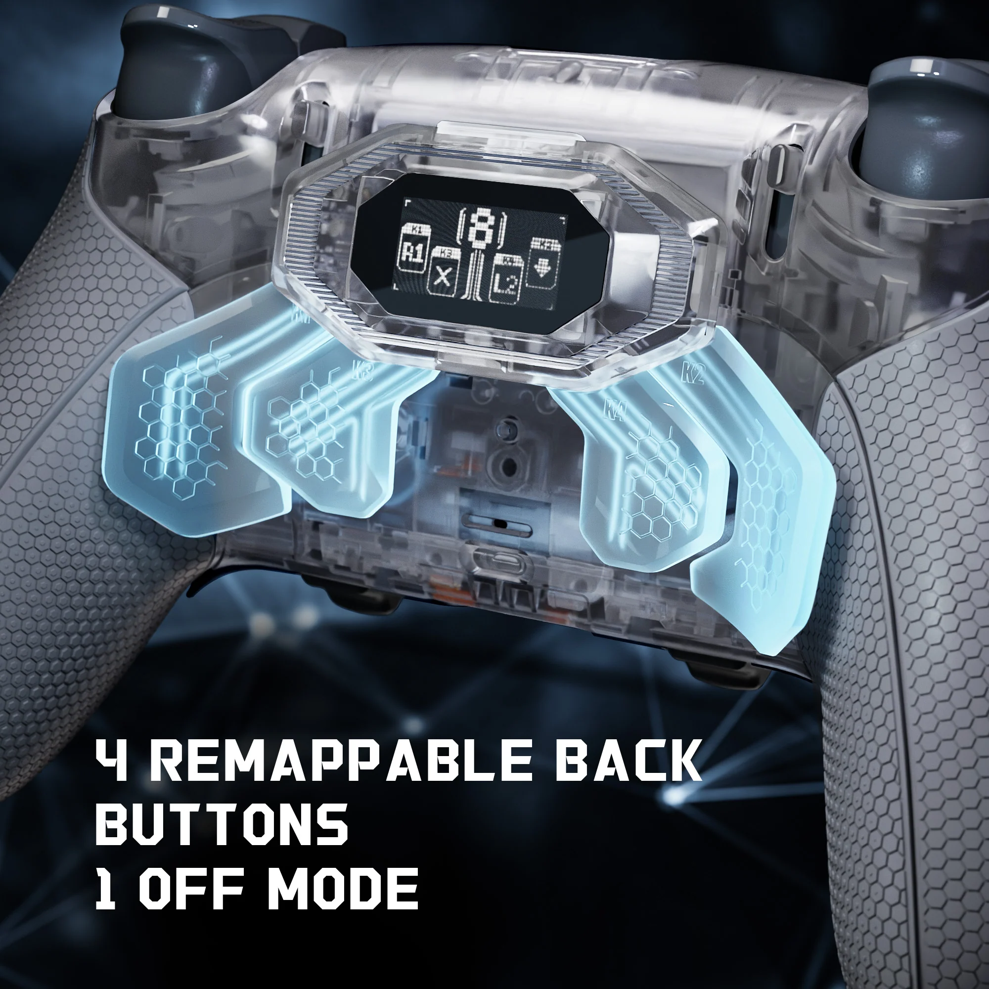 eXtremeRate BEYOND Back Paddles Kit with OLED Display & Redesigned Ergonomic Grips for PS5 Edge Controller - Rubberized Clear & Gray - Image 3