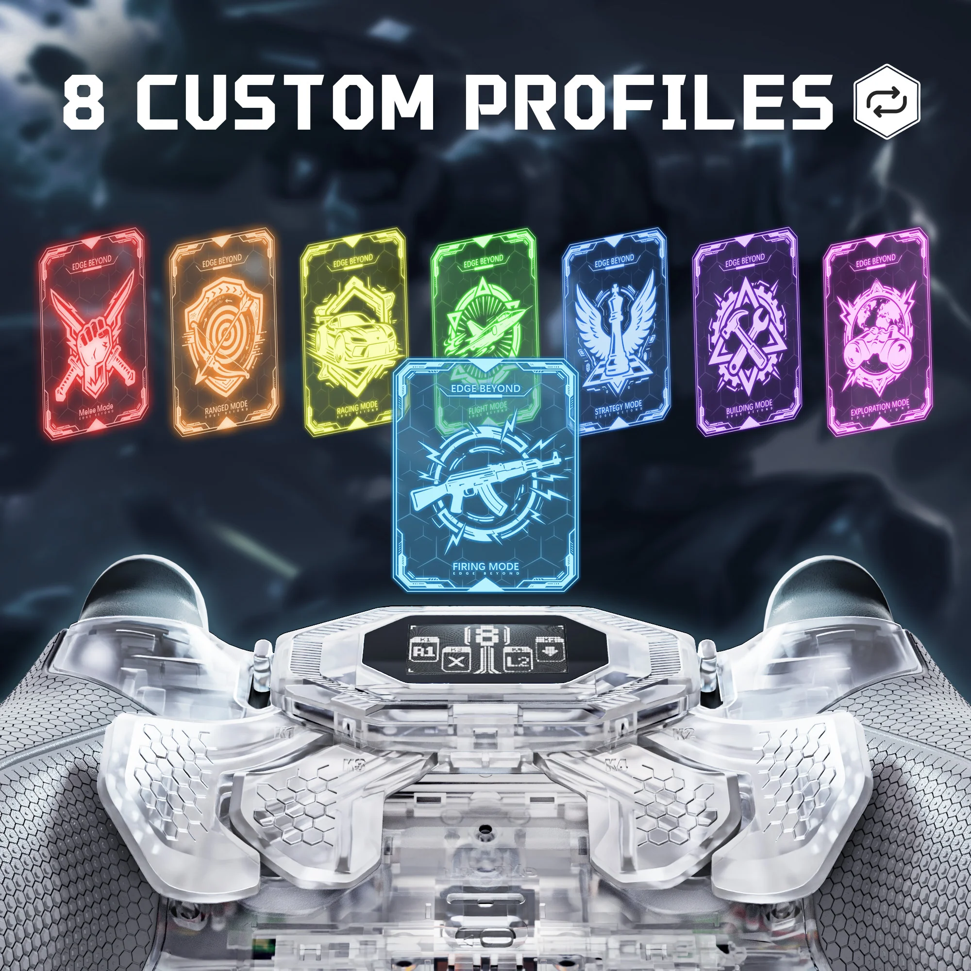 eXtremeRate BEYOND Back Paddles Kit with OLED Display & Redesigned Ergonomic Grips for PS5 Edge Controller - Rubberized Clear & Gray - Image 4