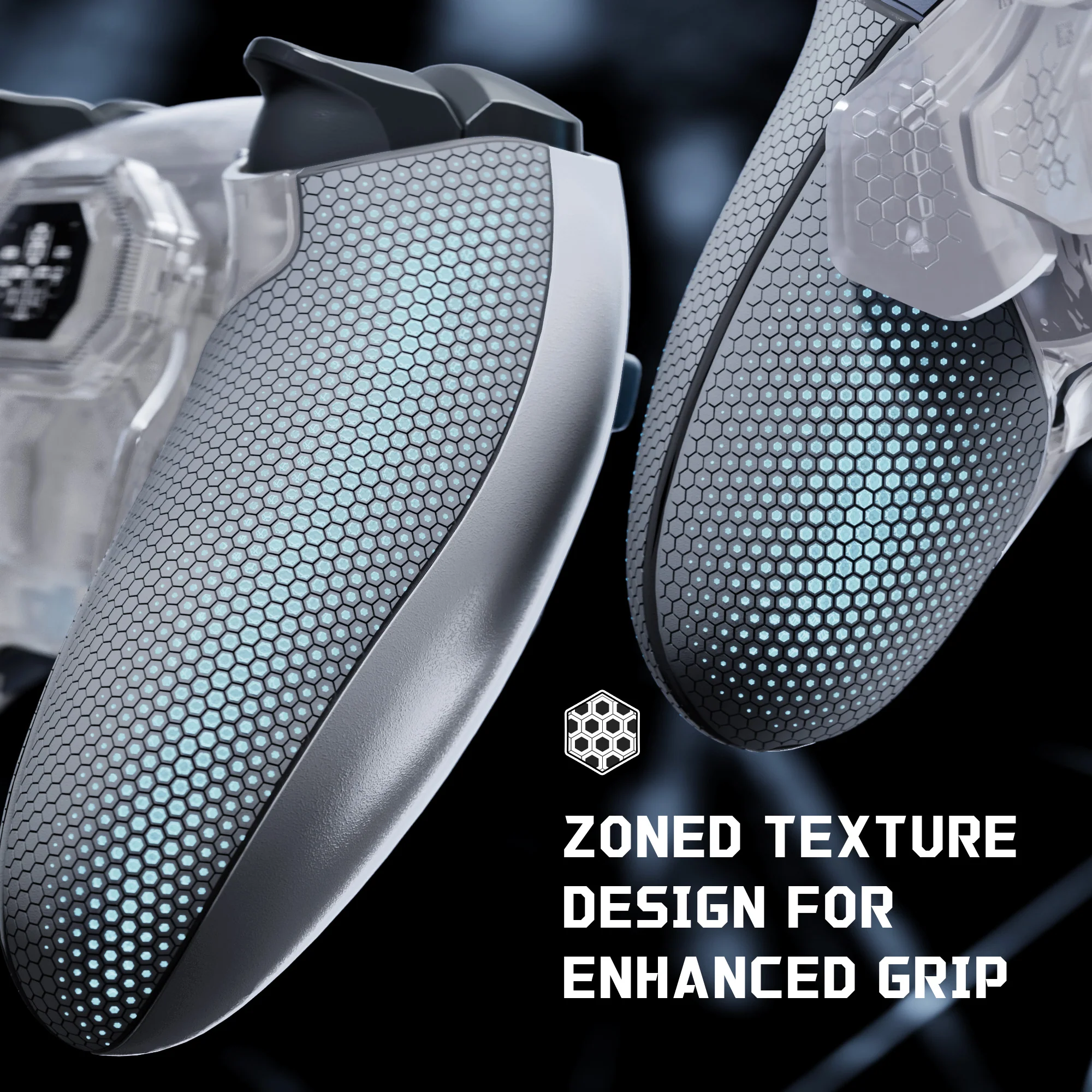 eXtremeRate BEYOND Back Paddles Kit with OLED Display & Redesigned Ergonomic Grips for PS5 Edge Controller - Rubberized Clear & Gray - Image 7
