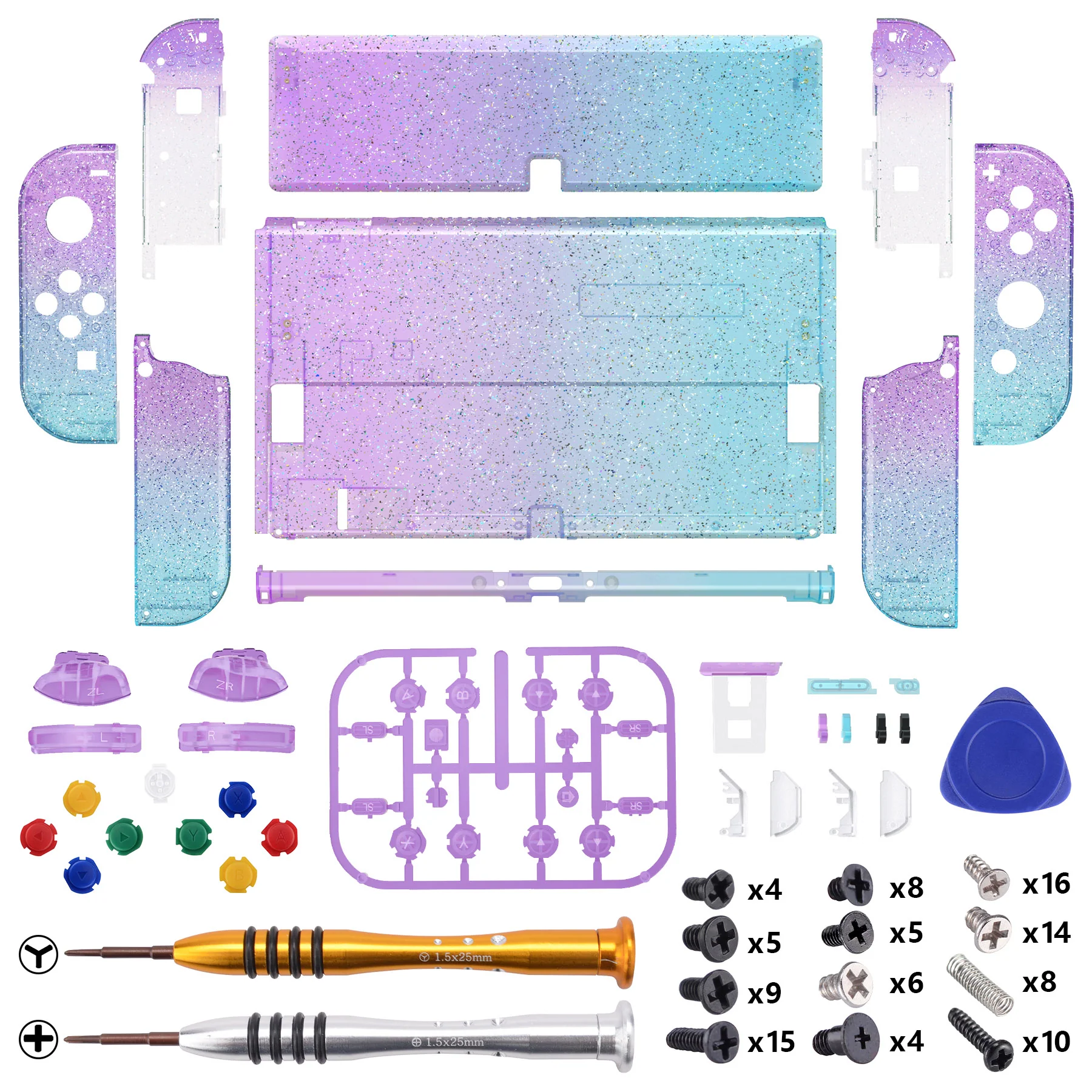 eXtremeRate Custom Replacement Full Set Shell with Buttons for Nintendo Switch OLED - Glitter Gradient Translucent Bluebell & Blue - Image 2