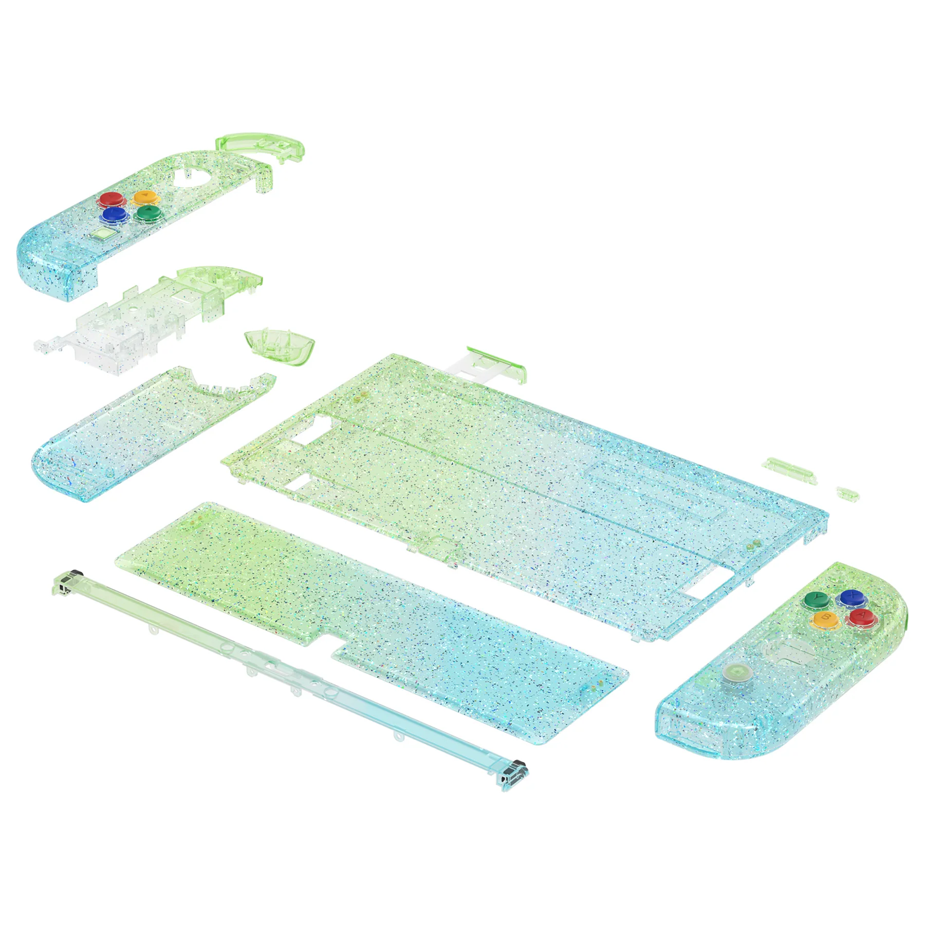 eXtremeRate Custom Replacement Full Set Shell with Buttons for Nintendo Switch OLED - Glitter Gradient Translucent Green Blue - Image 11