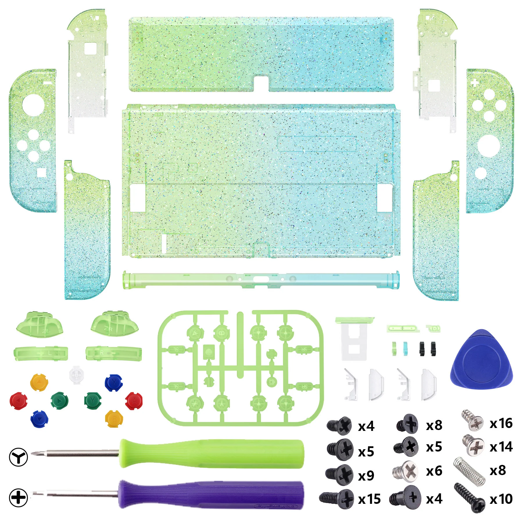 eXtremeRate Custom Replacement Full Set Shell with Buttons for Nintendo Switch OLED - Glitter Gradient Translucent Green Blue - Image 2