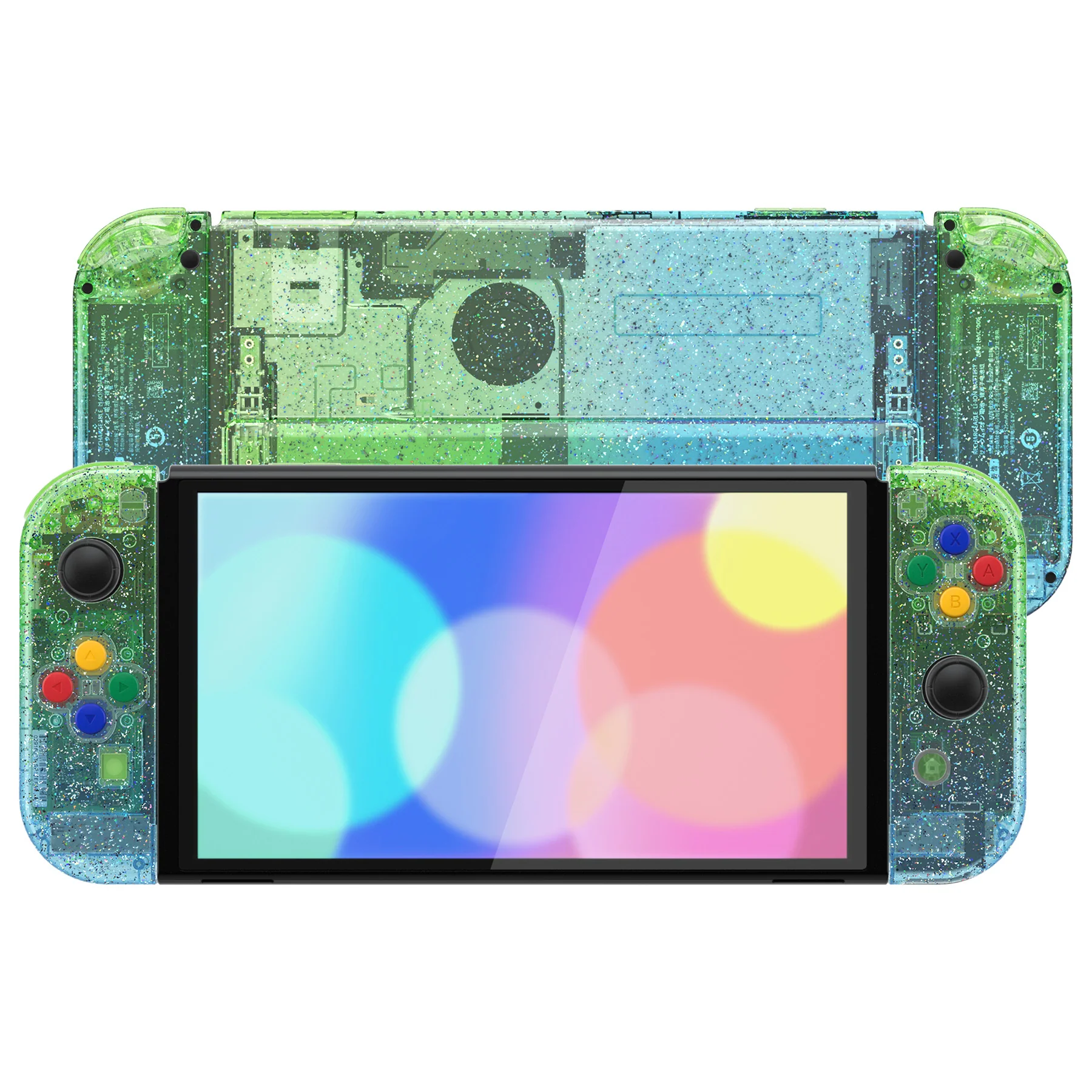 eXtremeRate Custom Replacement Full Set Shell with Buttons for Nintendo Switch OLED - Glitter Gradient Translucent Green Blue - Image 4