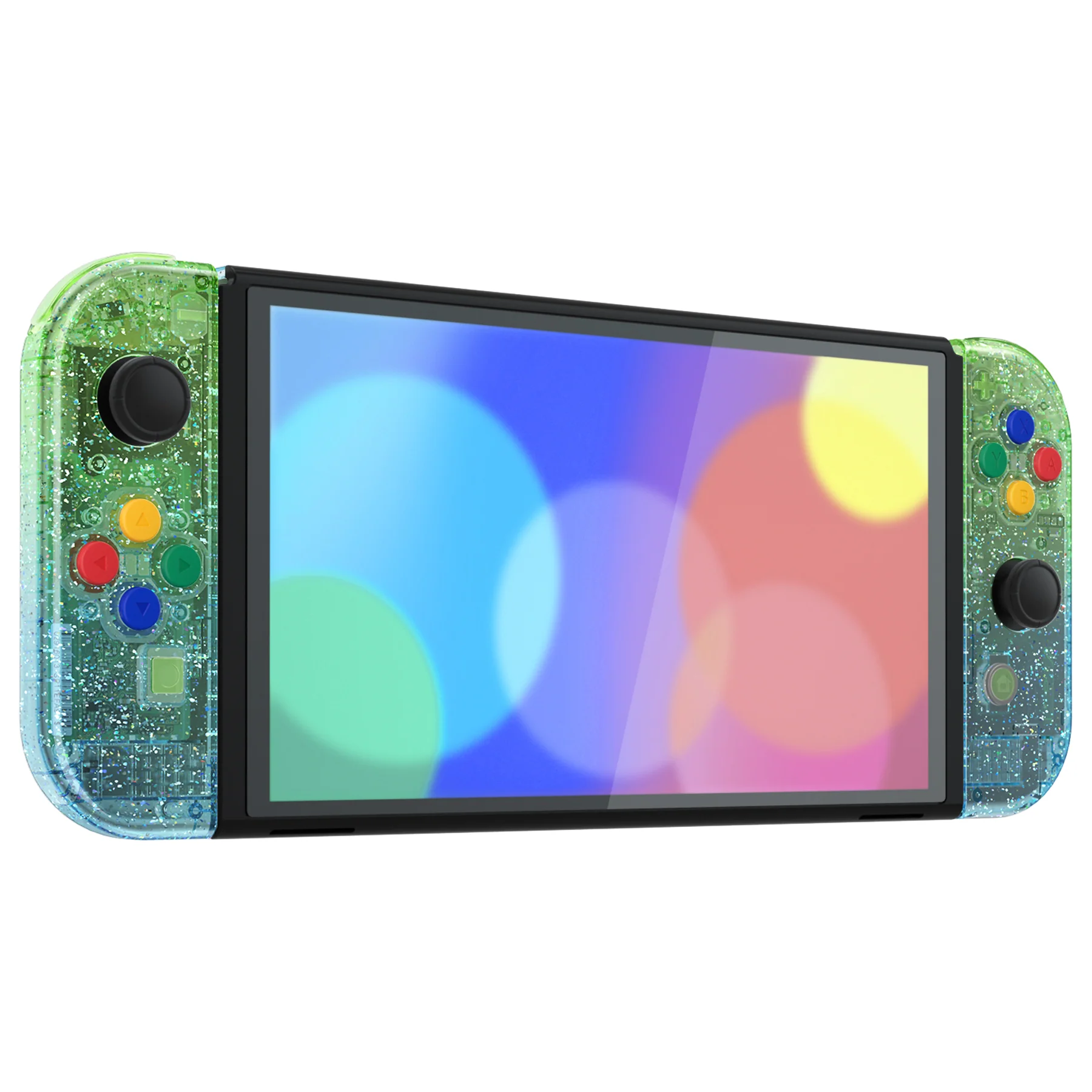 eXtremeRate Custom Replacement Full Set Shell with Buttons for Nintendo Switch OLED - Glitter Gradient Translucent Green Blue - Image 6