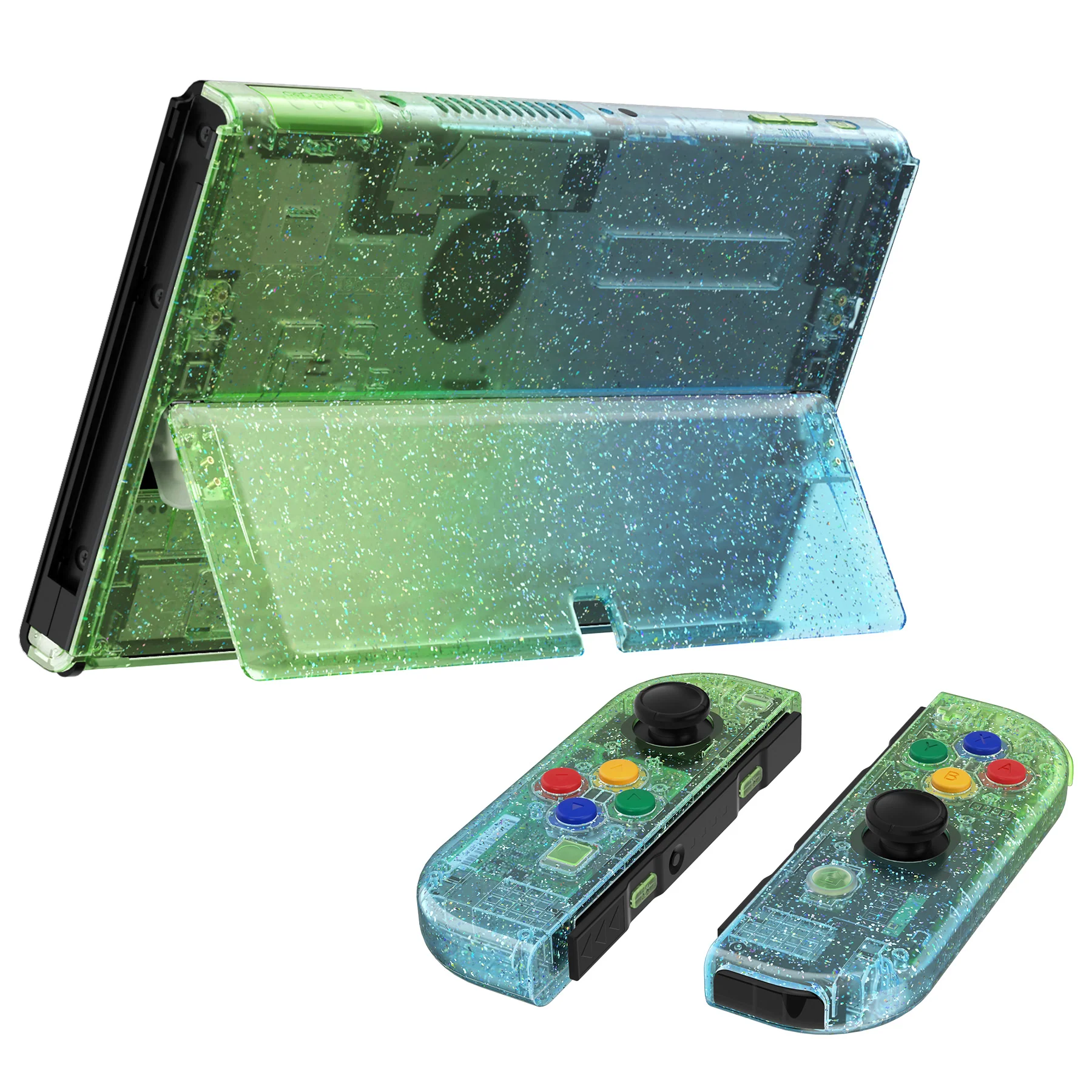 eXtremeRate Custom Replacement Full Set Shell with Buttons for Nintendo Switch OLED - Glitter Gradient Translucent Green Blue - Image 7
