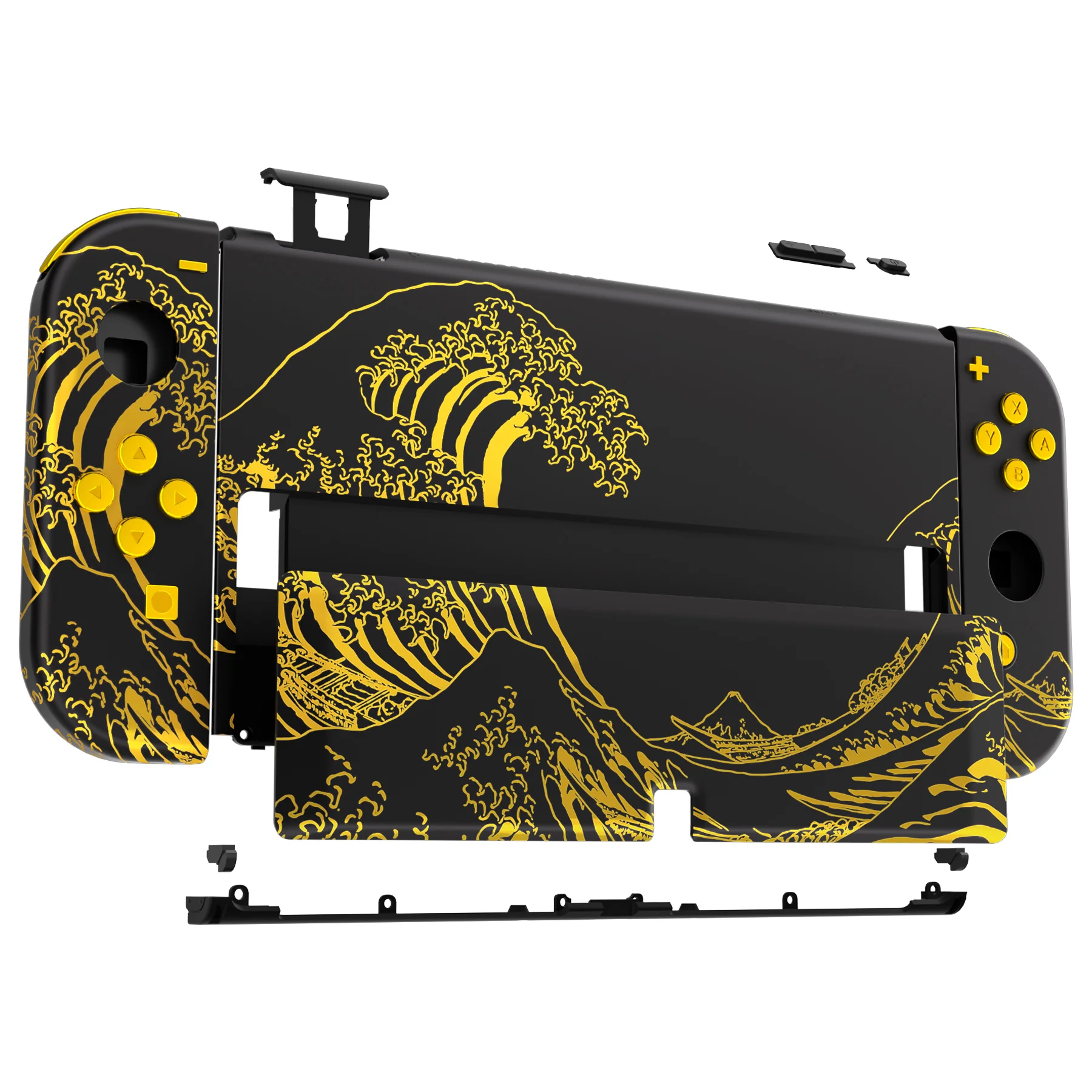 eXtremeRate Custom Replacement Full Set Shell with Buttons for Nintendo Switch OLED - The Great GOLDEN Wave Off Kanagawa - Black - Image 10